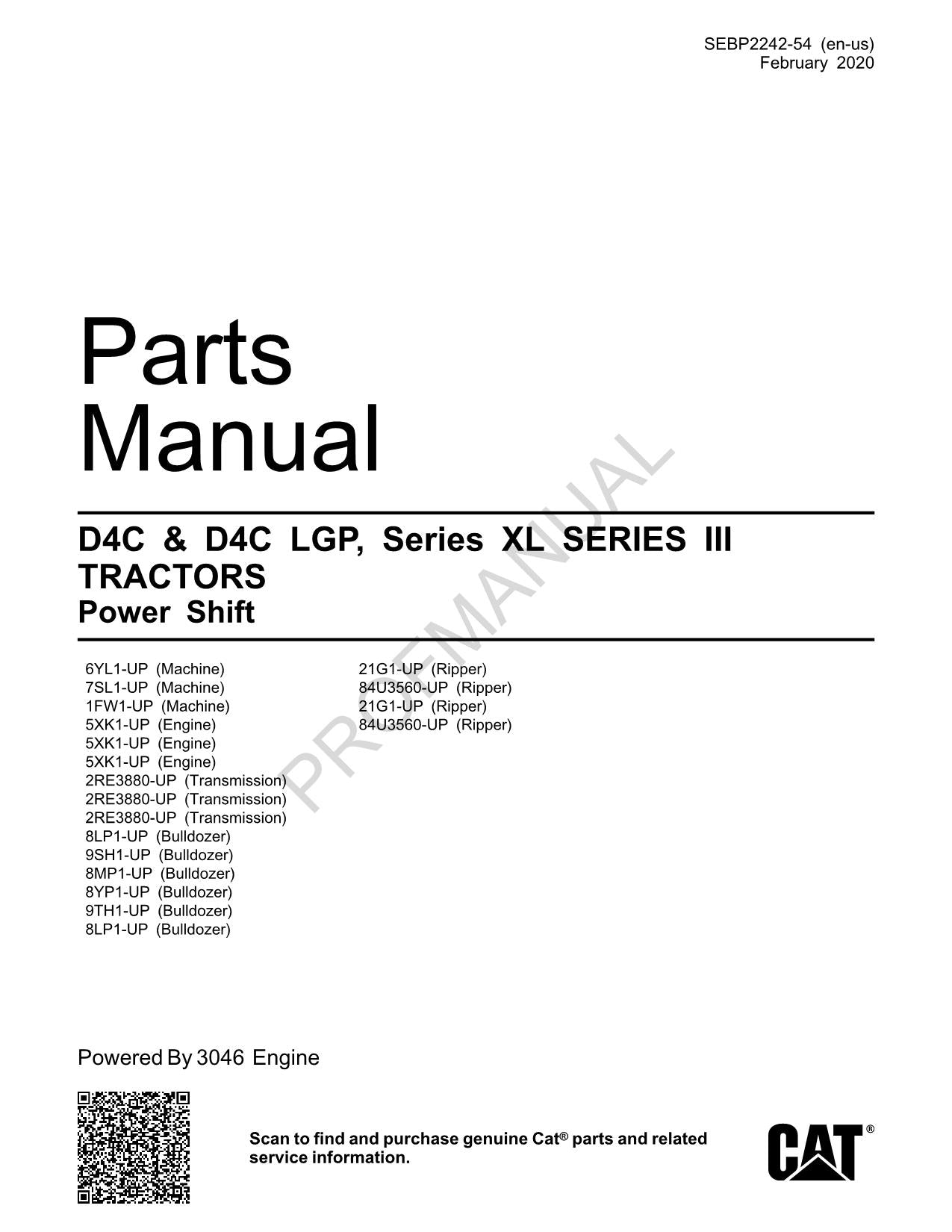 Caterpillar Cat D4C D4C LGP Series XL Series III Tractor Parts Catalog Manual
