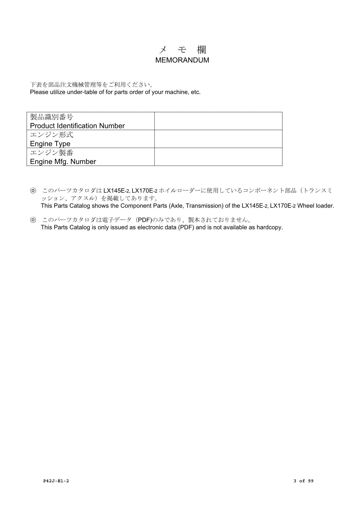 Hitachi LX145E LX170E LX145E-2 LX170E-2 Wheel Loader Parts Catalog Manual