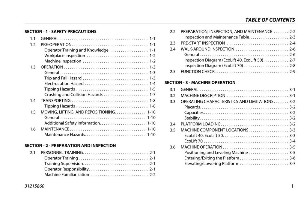 Manual del operador del mástil vertical JLG Ecolift 40 Ecolift 50 Ecolift 70