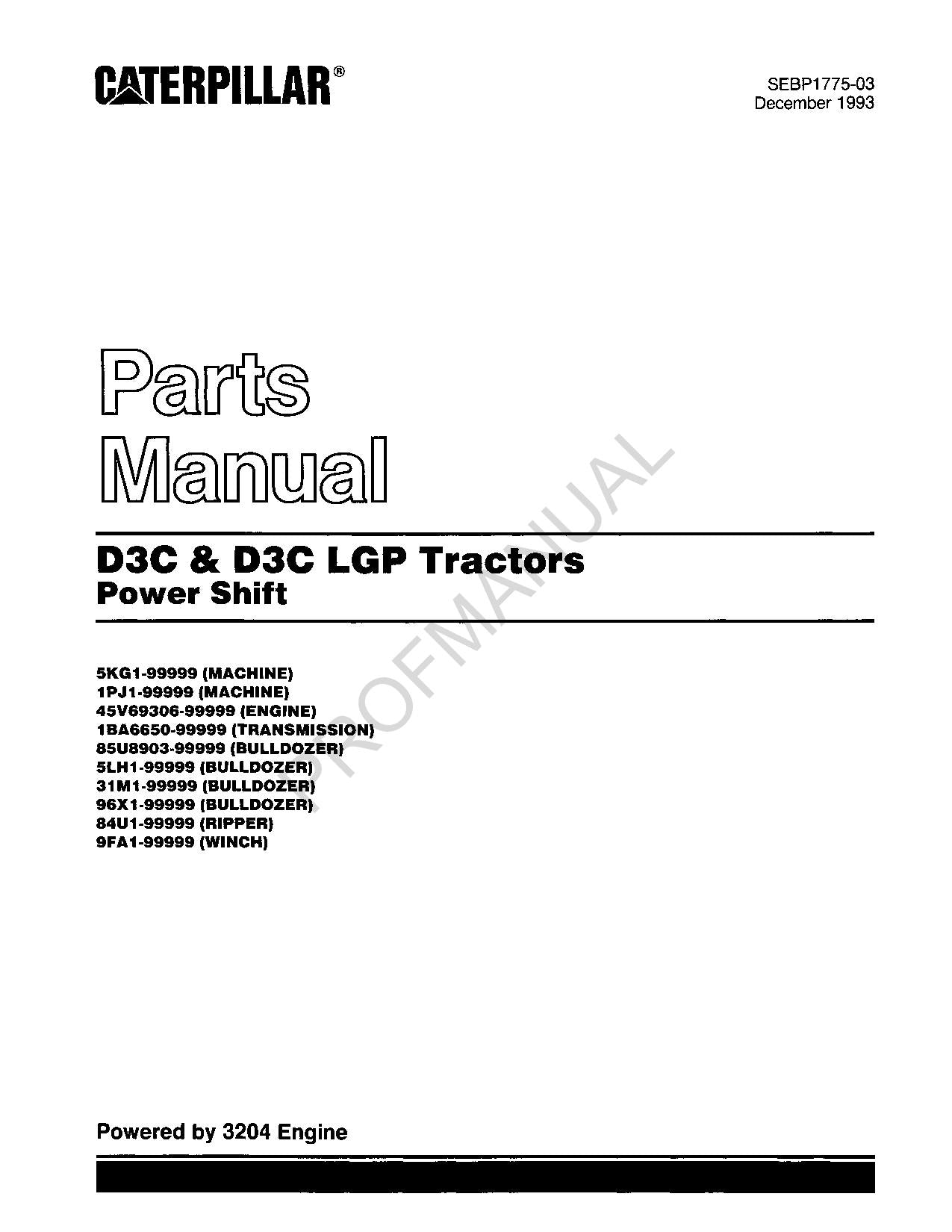 Caterpillar Cat D3C D3C LGP Tractor Power Shift Parts Catalog Manual SEBP1775