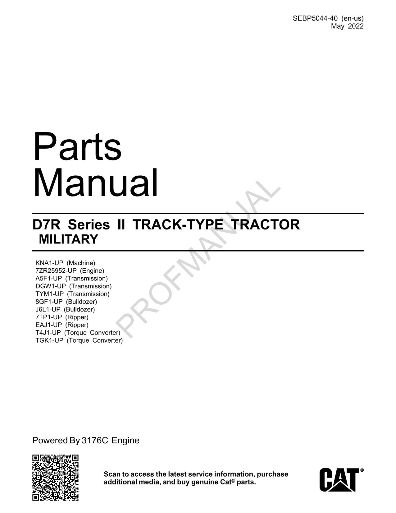 Caterpillar Cat D7R Series II Track Type Tractor Military Parts Catalog Manual