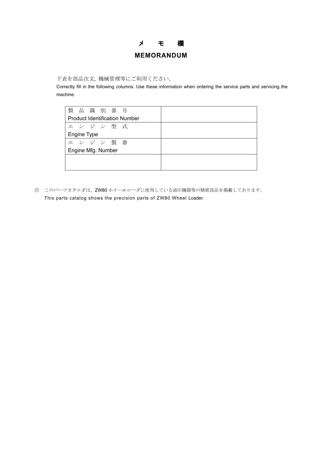 Hitachi ZW80 Wheel Loader Equipment Component Parts Catalog Manual SN 000101-up