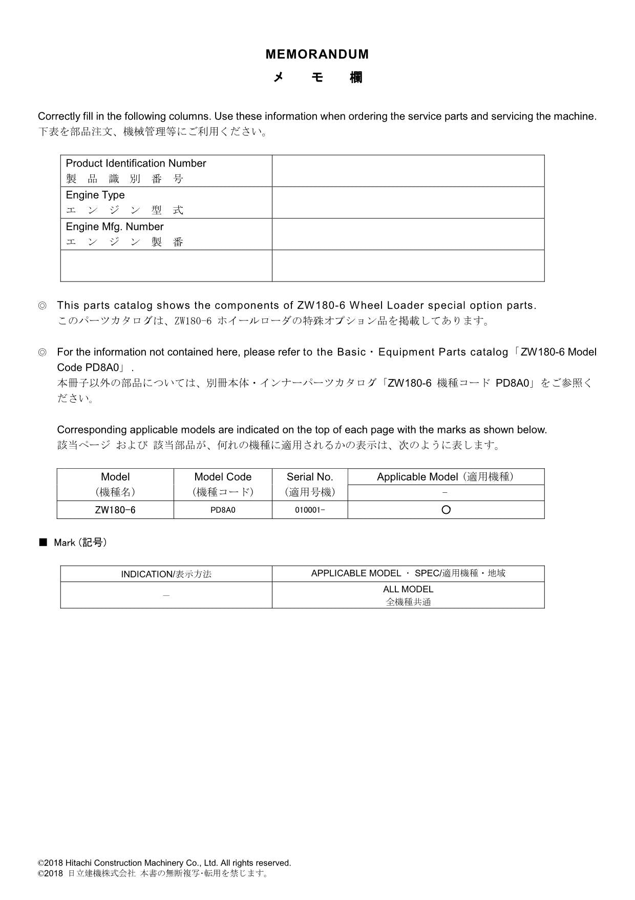 Hitachi ZW180-6 Spec Option Parts Wheel Loader Parts Catalog Manual SN 010001-up