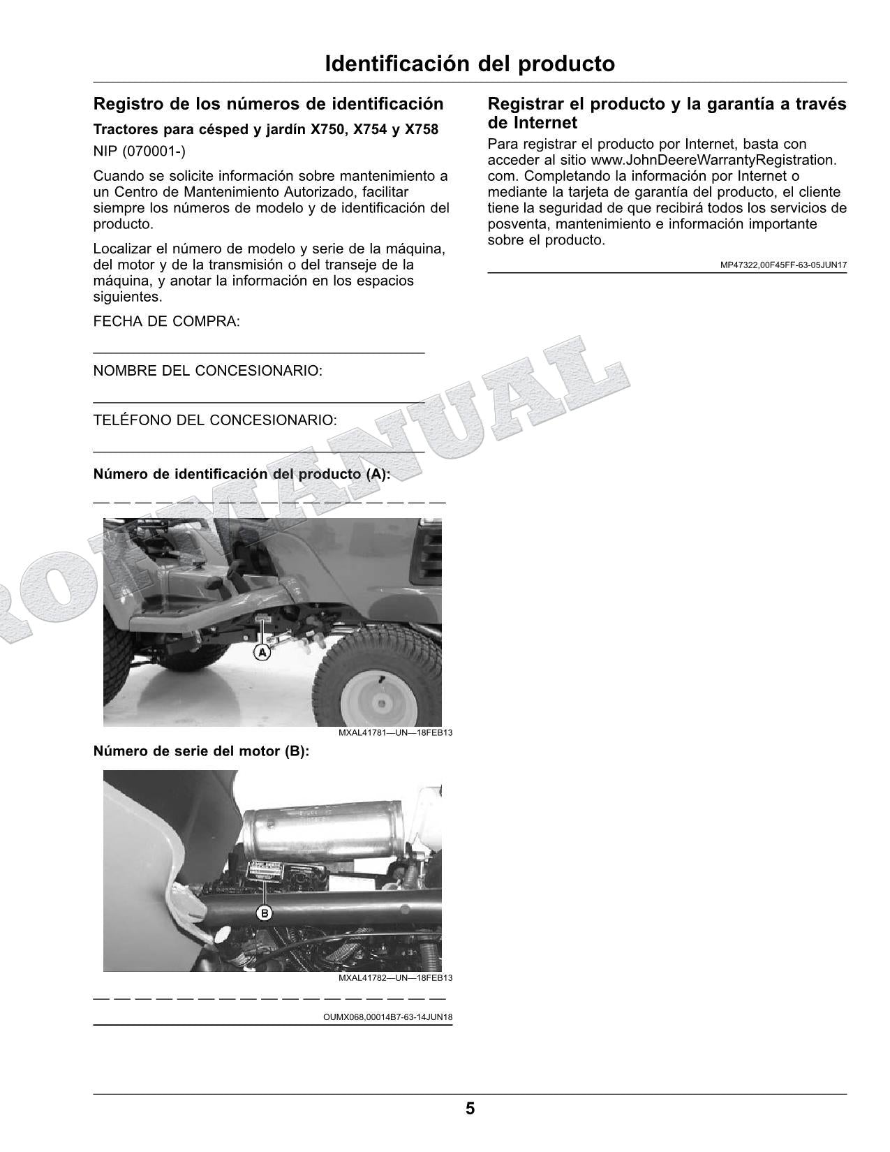 John Deere X750 X754 X758 Tractor Manual del Operador Español SN 070001-