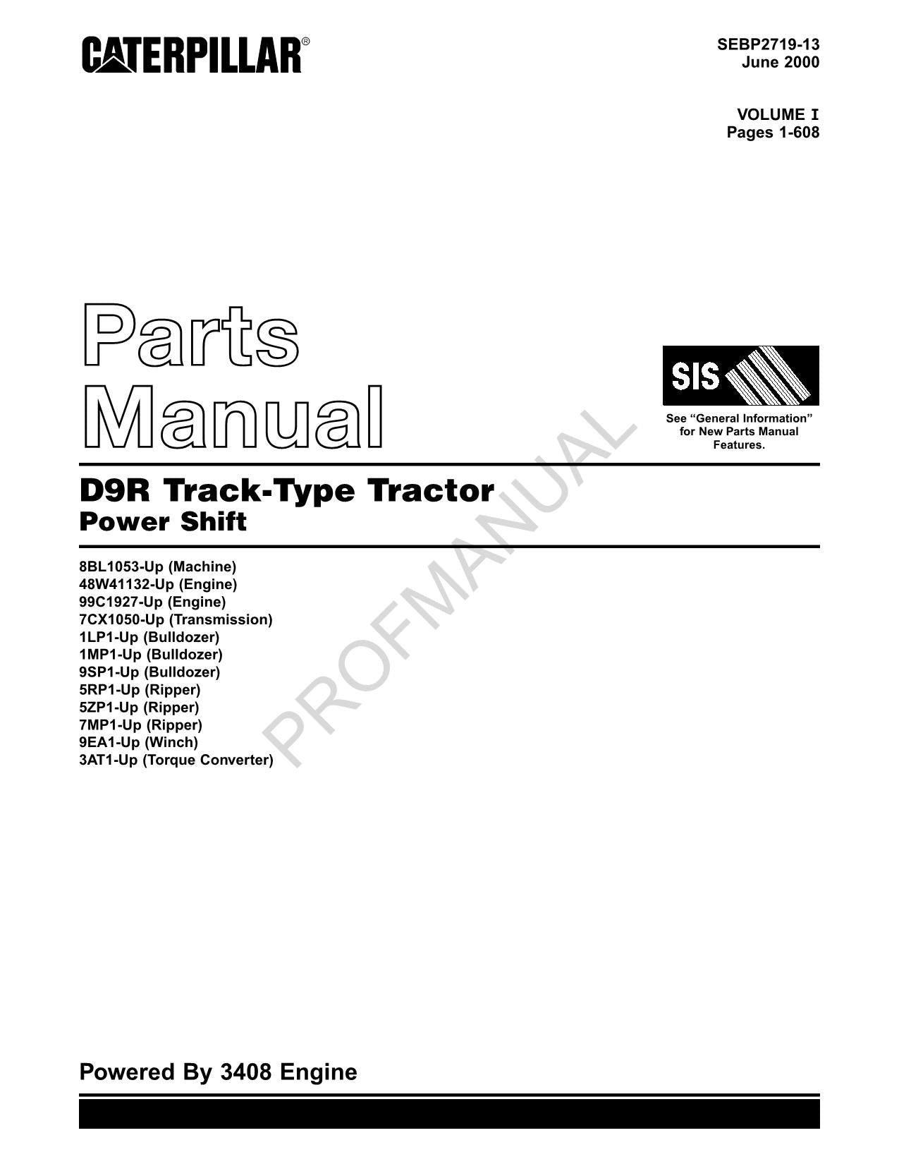 Caterpillar Cat D9R Track Type Tractor Parts Catalog Manual SEBP2719