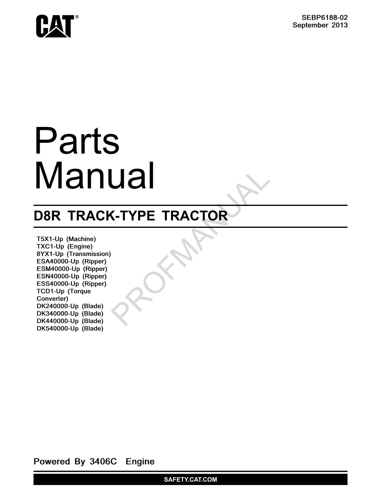 Caterpillar Cat D8R Track Type Tractor Parts Catalog Manual SEBP6188