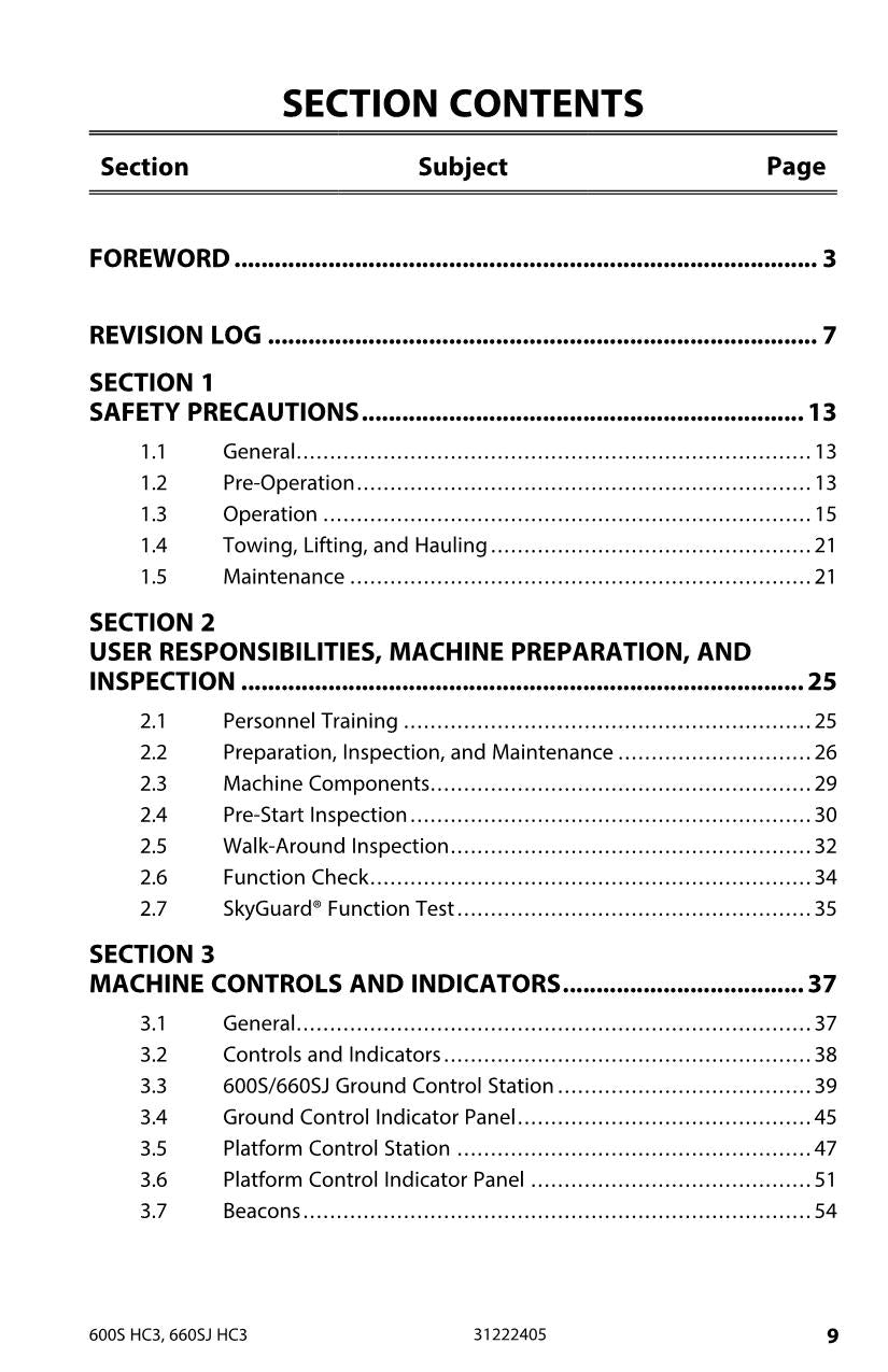 JLG 600S HC3 660SJ HC3 Boom Lift Maintenance Operation Operators Manual 31222405