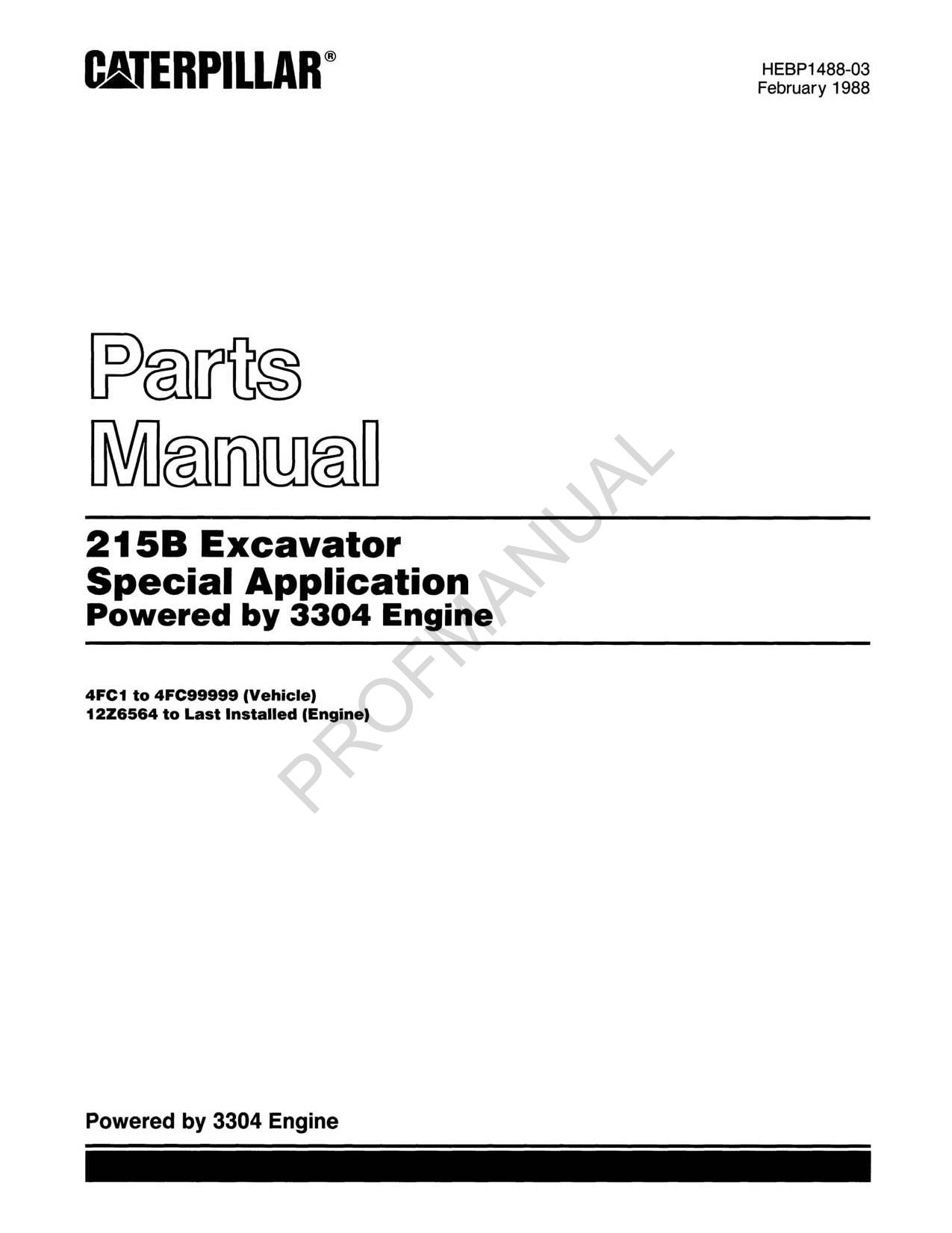 Caterpillar Cat 215B Excavator Special Application Parts Catalog Manual