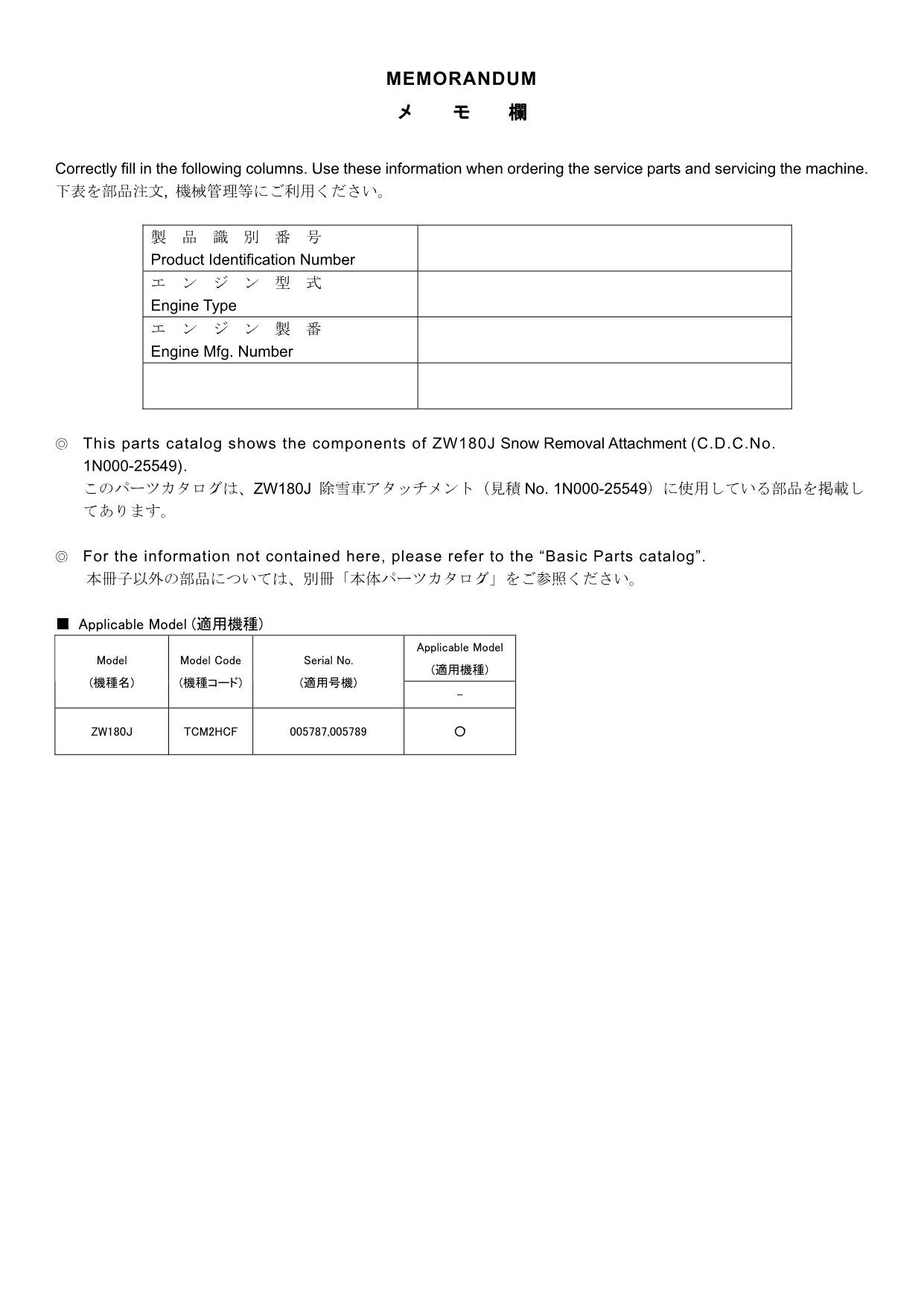 Hitachi ZW180J No.1N000-25549 Wheel Loader Parts Catalog Manual SN 005787 005789