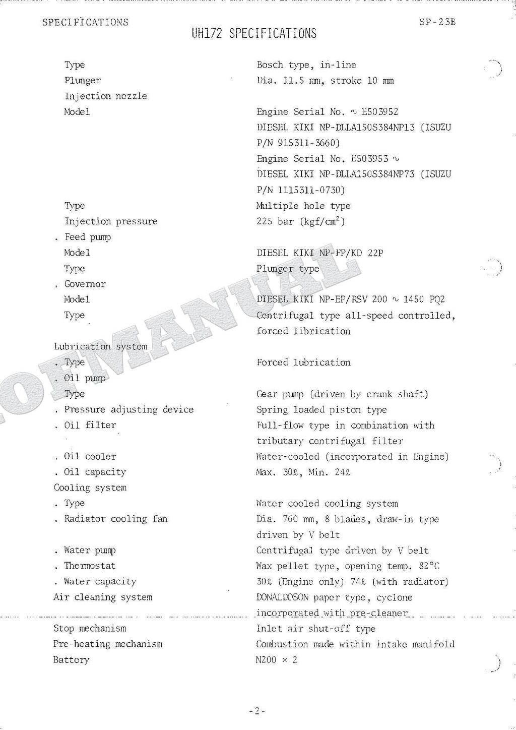 HITACHI UH172 Excavator Repair Service Manual Specification