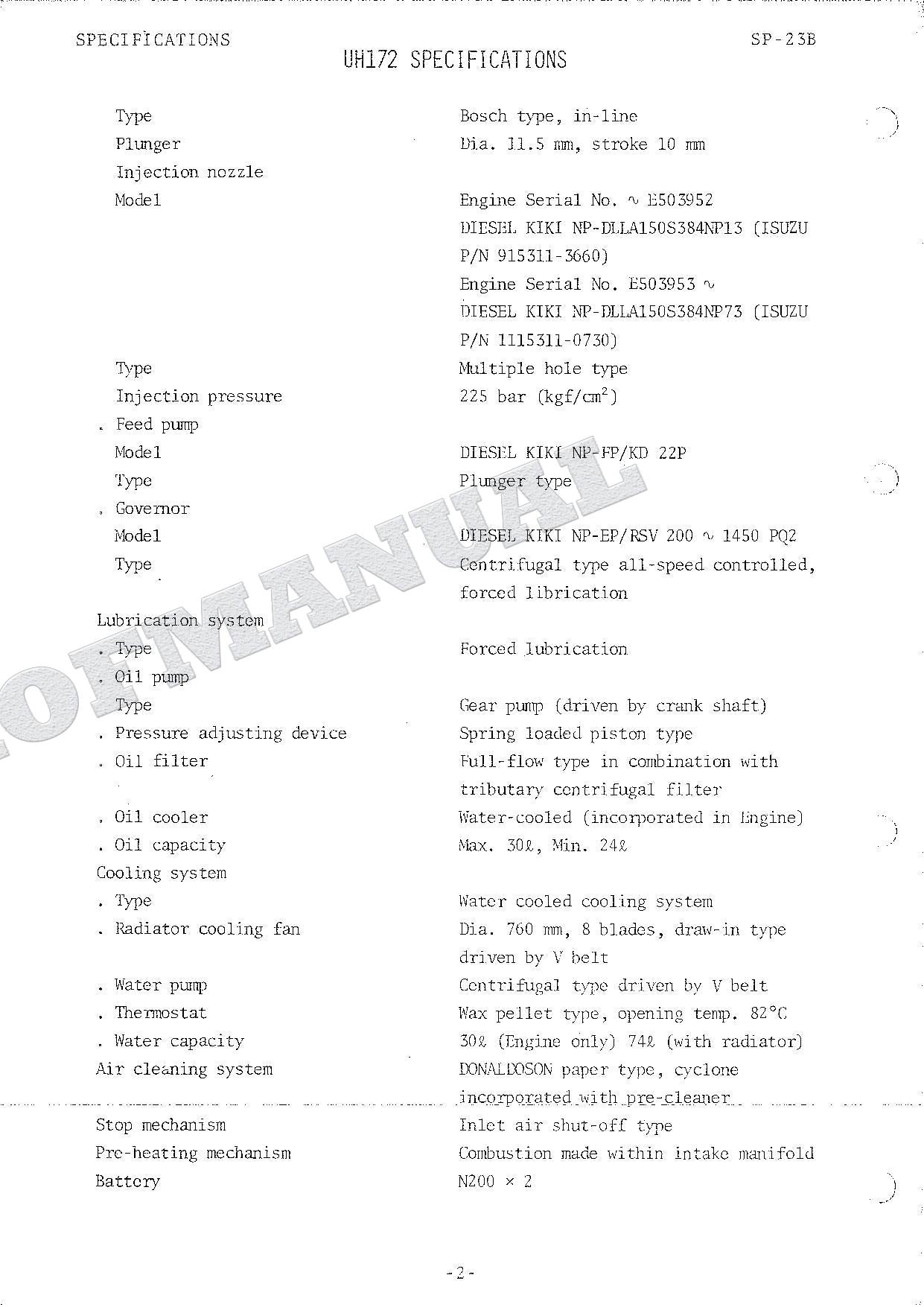 HITACHI UH172 Excavator Repair Service Manual Specification