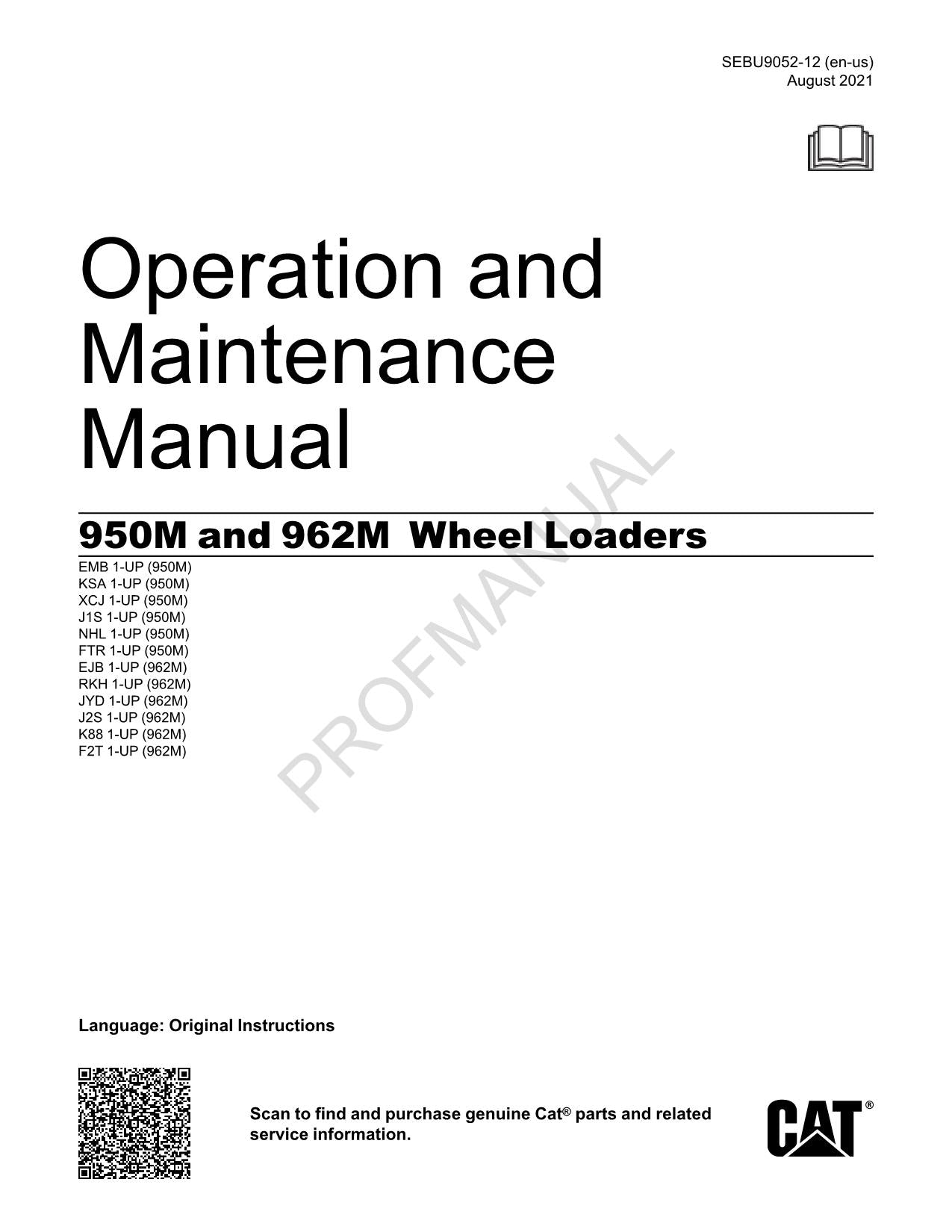 Manual de mantenimiento del operador de cargadoras de ruedas Caterpillar 950M y 962M SEBU9052