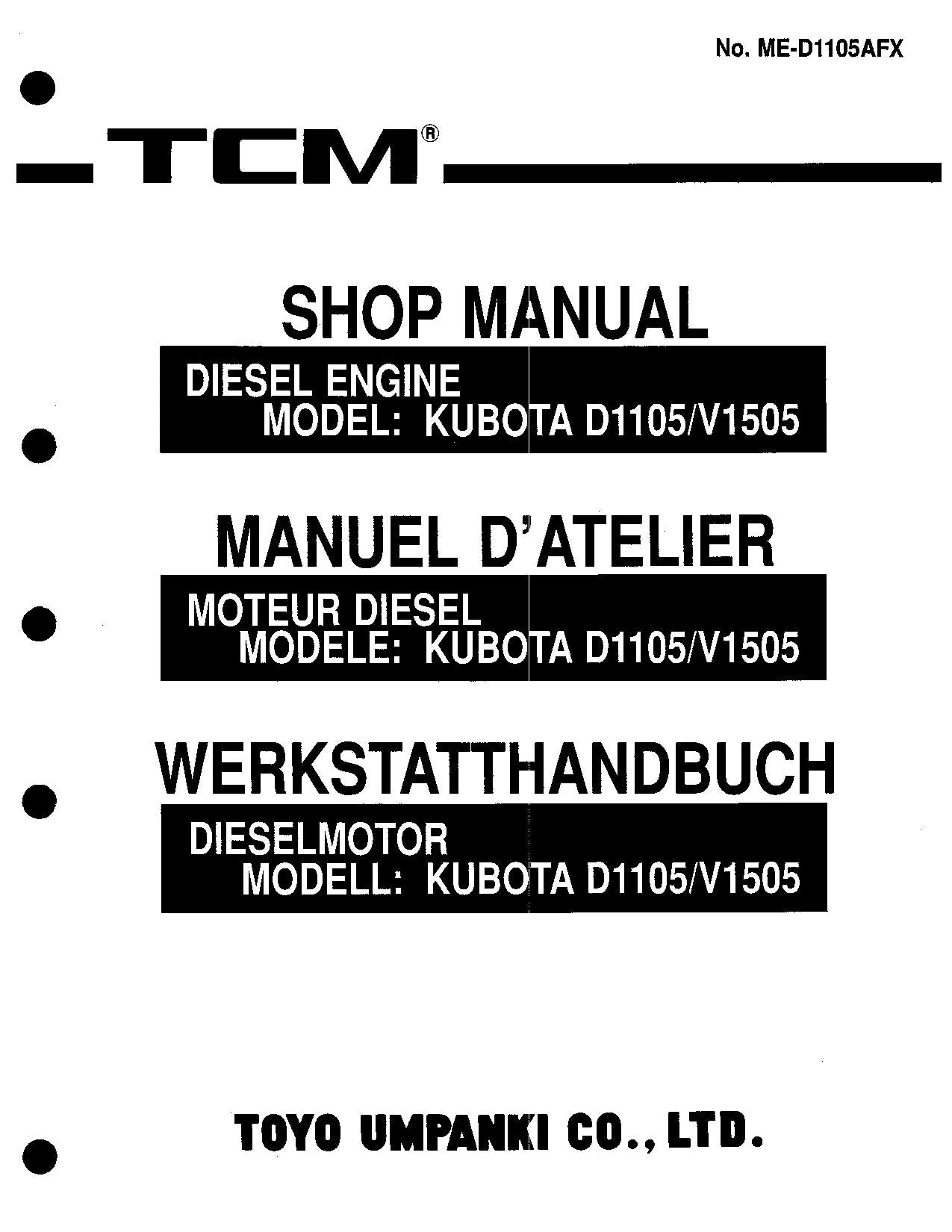 Hitachi ENGINE KUBOTA D1105 V1505 Operators Manual ENG DE FR