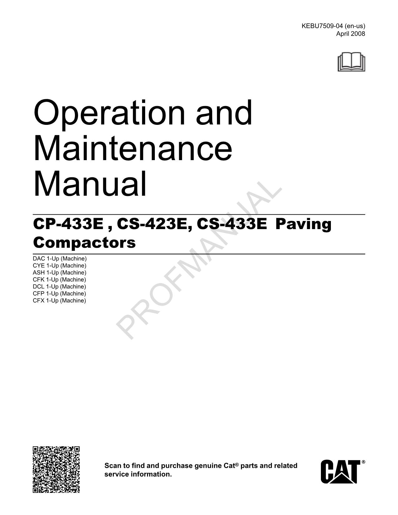 Caterpillar CP 433E CS 423E CS 433E Paving Compactor Operators Manual KEBU7509