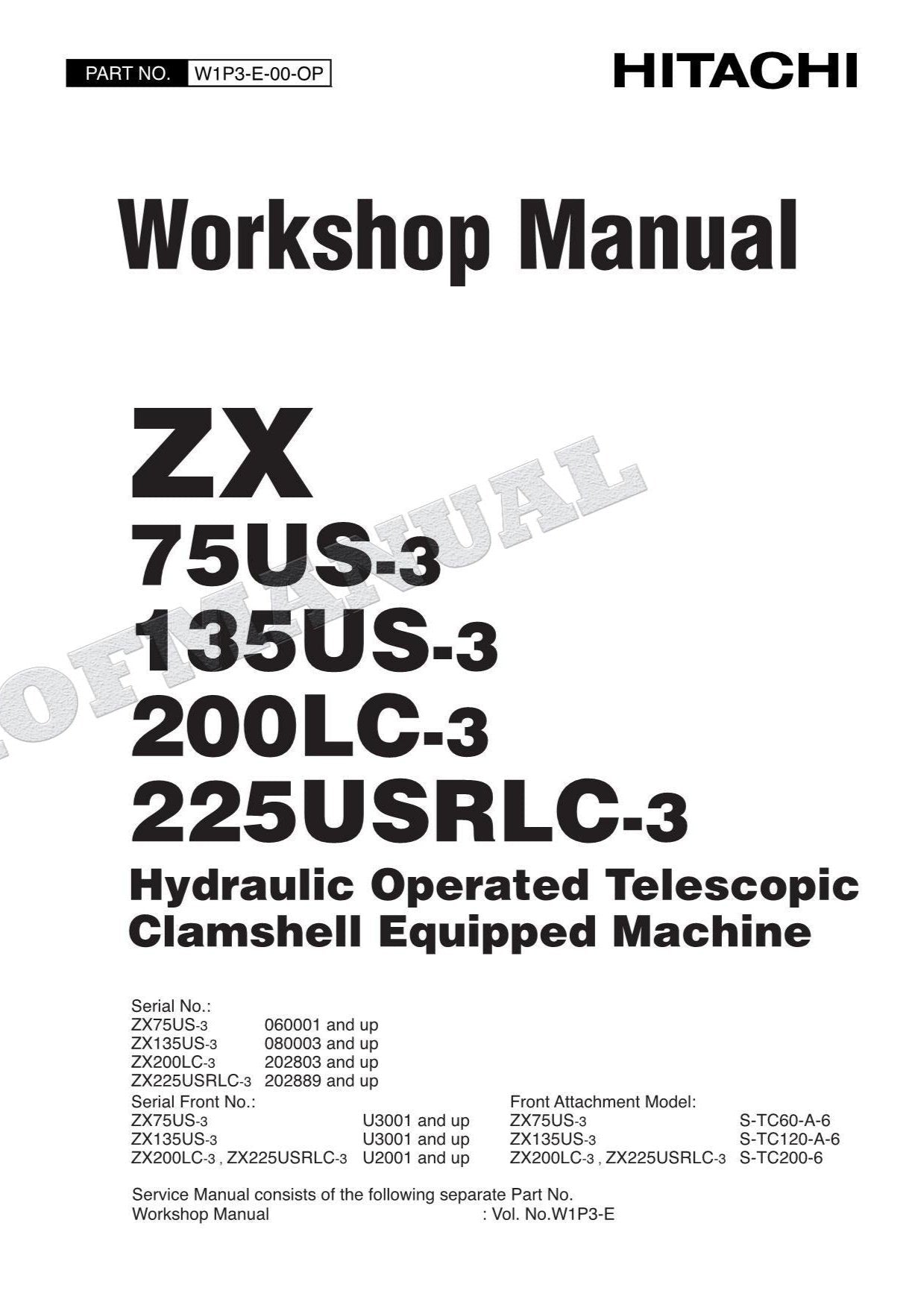 HITACHI ZX75US-3 - 135US-3 Telescopic Clamshell Excavator Workshop Manual