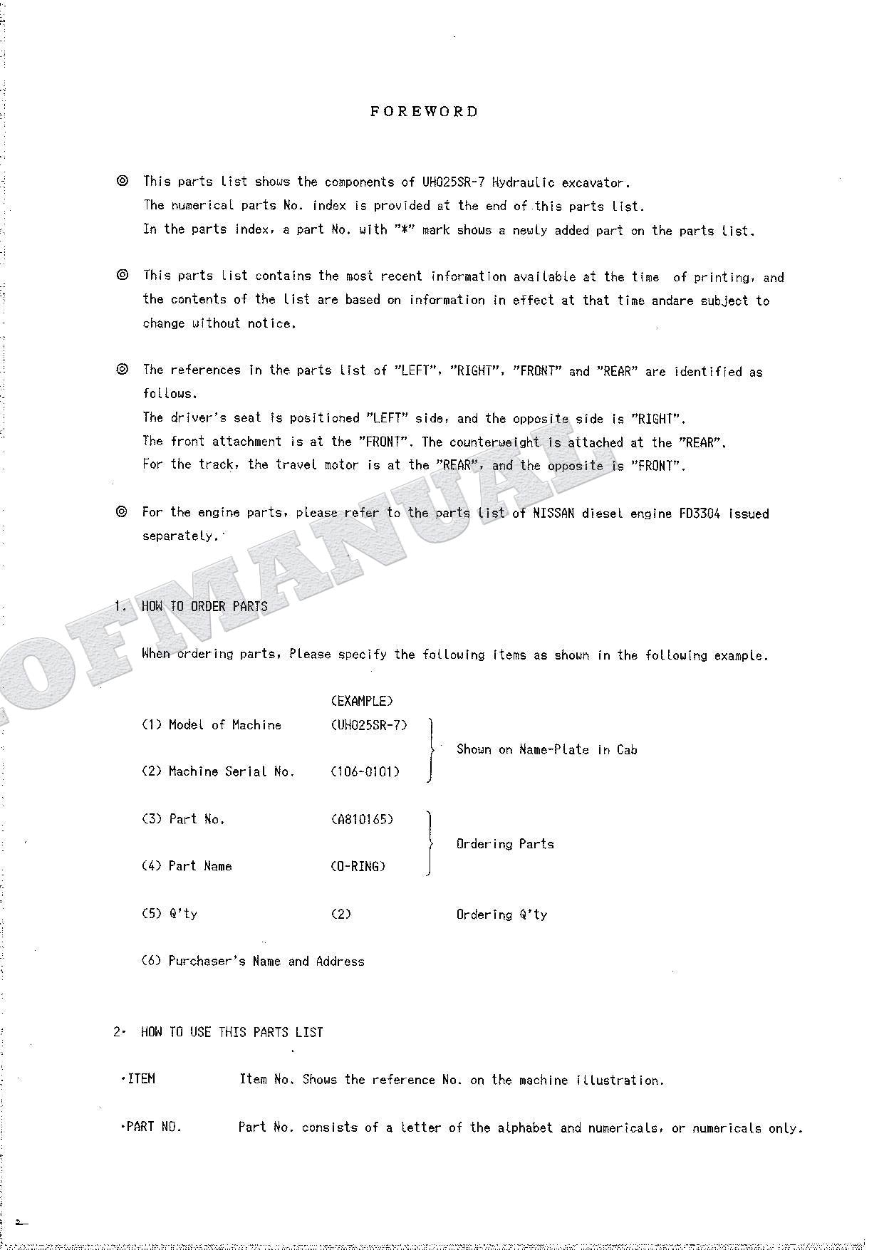 HITACHI UH025SR-7 Excavator Parts Catalog Manual SN 0101-