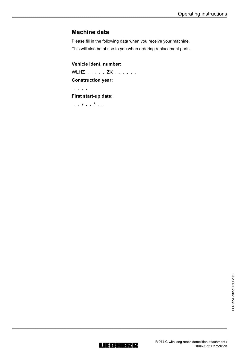 Liebherr R974 C Excavator Demolition Operators manual serial 27700