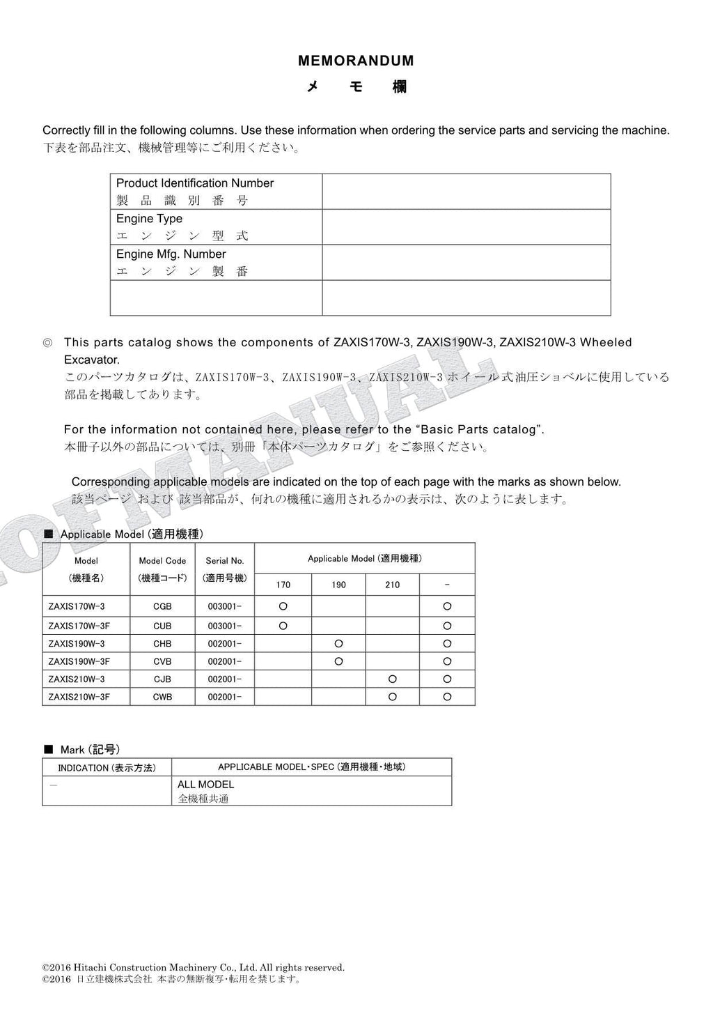 HITACHI ZAXIS ZX170W-3 ZX190W-3 ZX210W-3 Excavator Parts Catalog Manual