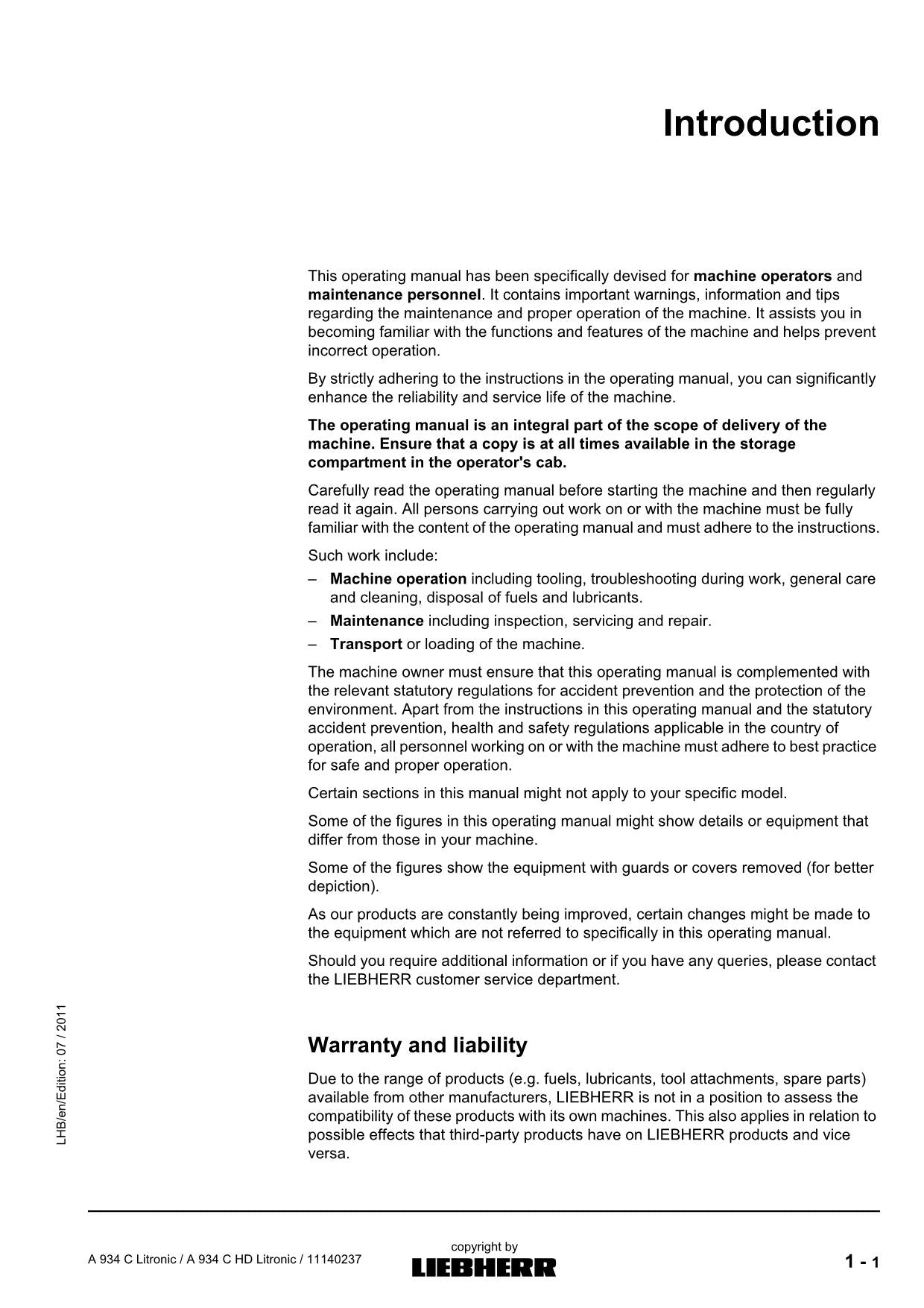 Liebherr A934 C Litronic A934 C HD Litronic Excavator Operators manual