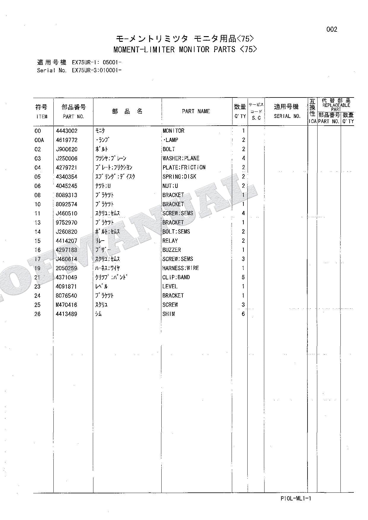 HITACHI EX75UR-1 EX75UR-3 EX135UR-1 ML Lght Crane Excavator Parts Catalog Manual