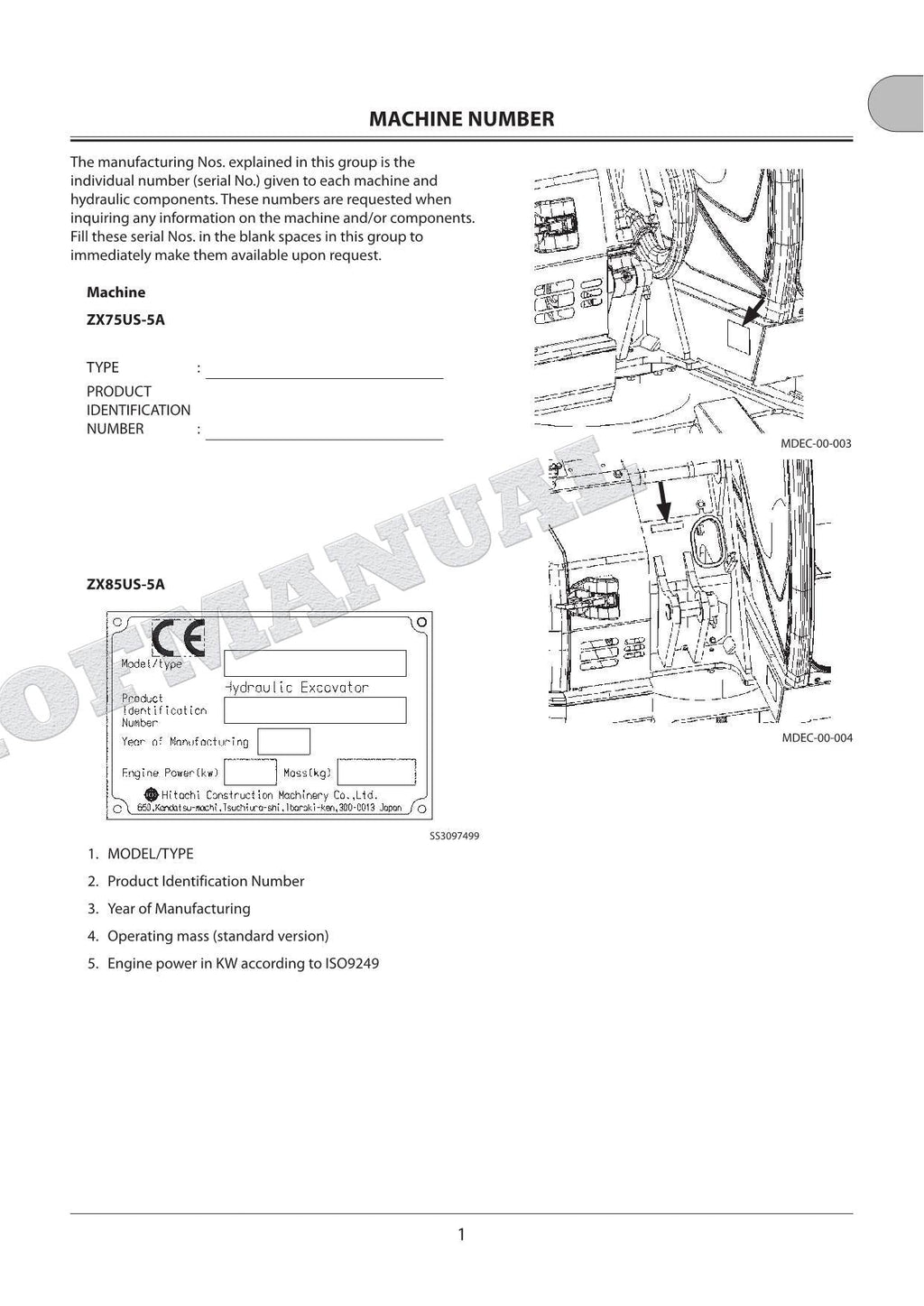 Manual del catálogo de piezas de la excavadora de frente superlargo HITACHI ZX75US-5A ZX85US-5A