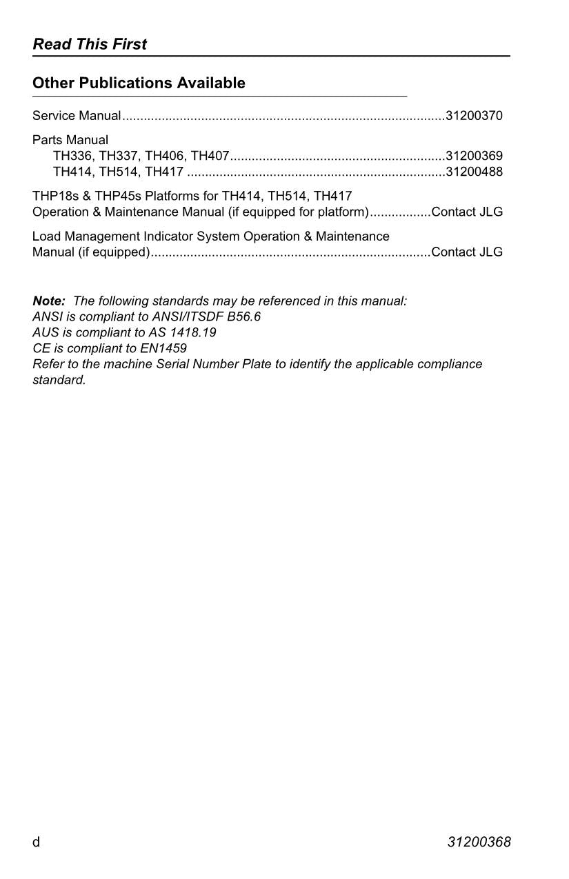 Caterpillar TH414 TH514 TH417 Telehandler Operators Manual
