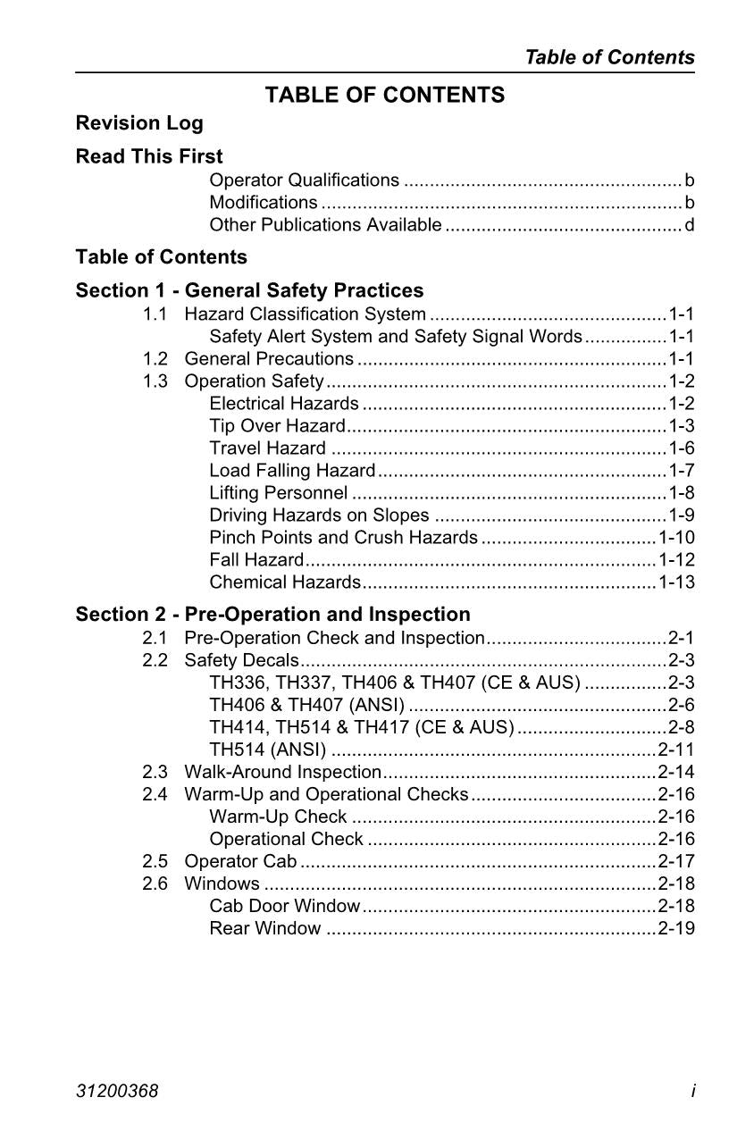 Caterpillar TH414 TH514 TH417 Telehandler Operators Manual