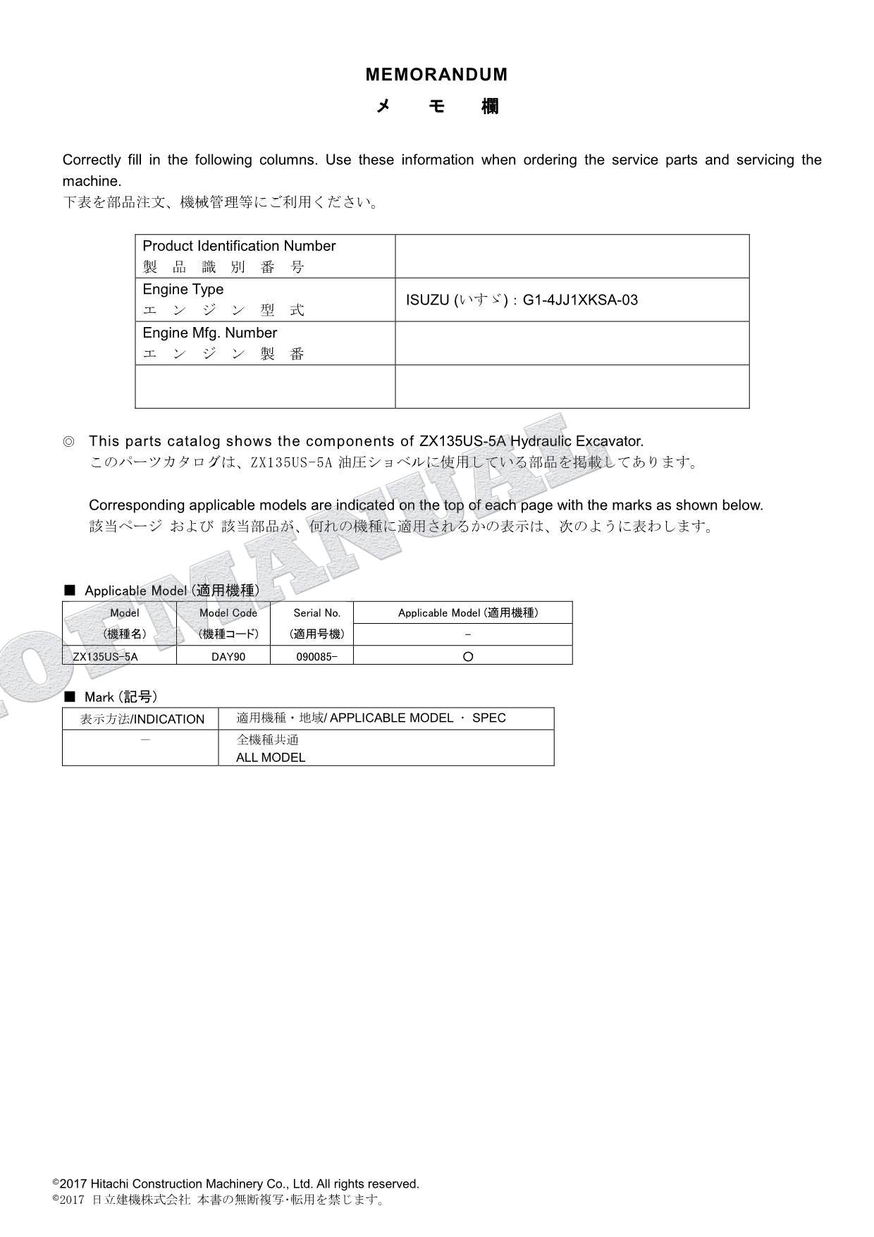 HITACHI ZAXIS ZX135US-5A Excavator Parts Catalog Manual SN 090085-