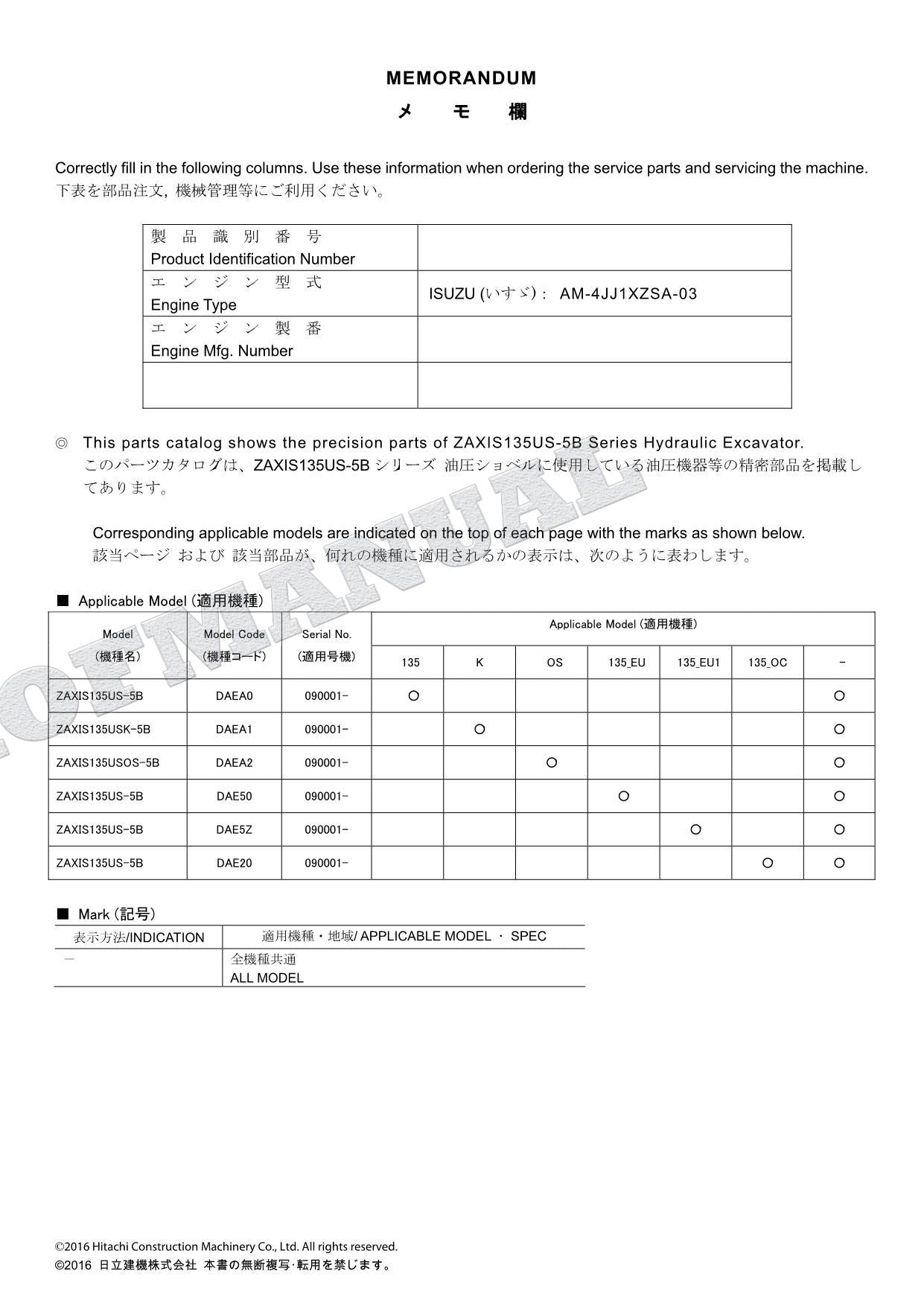 Manual del catálogo de piezas de la excavadora HITACHI ZX135US-5B ZX135USK-5B ZX135USOS-5B