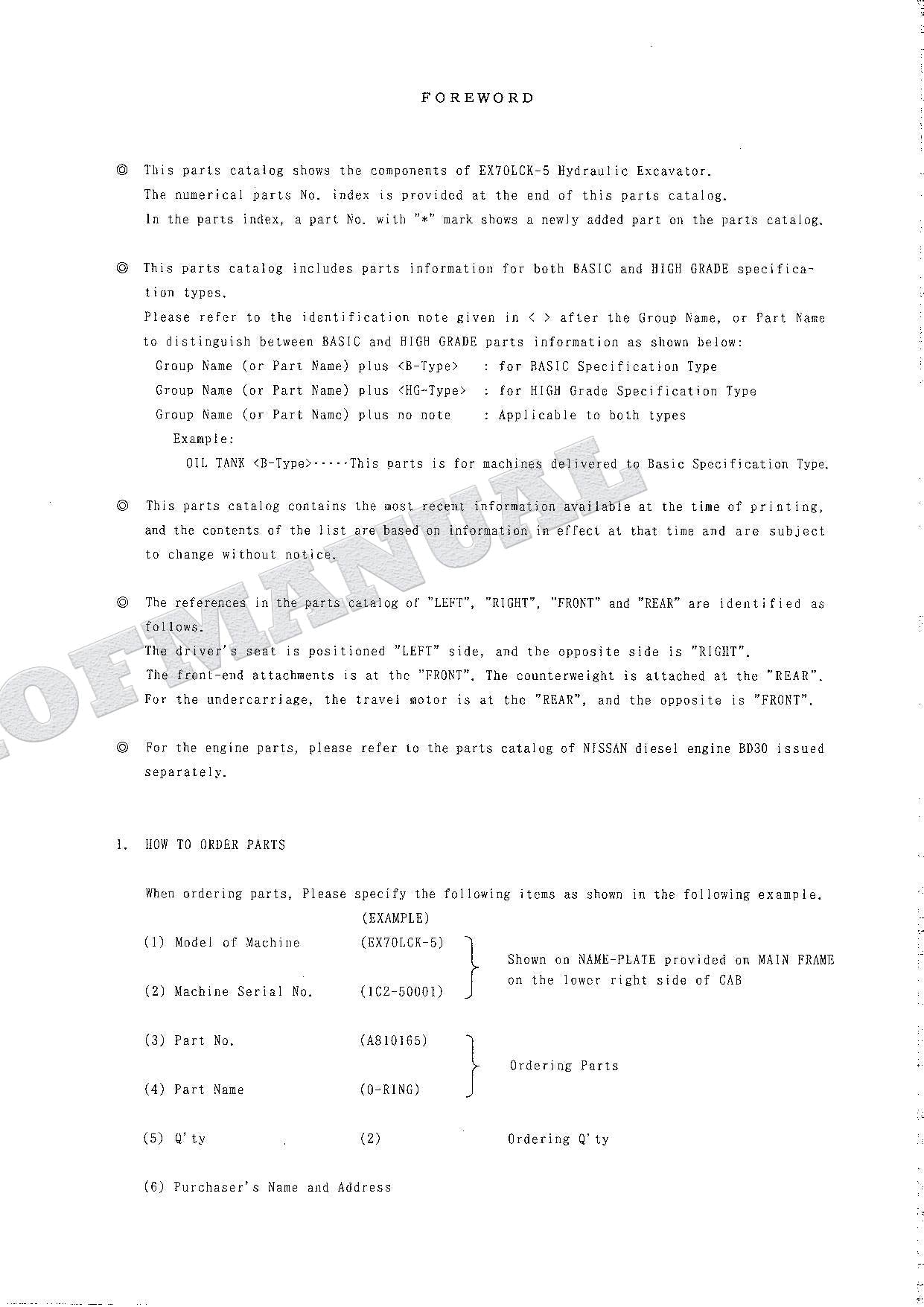 HITACHI EX70LCK-5 Excavator Parts Catalog Manual SN 50001-