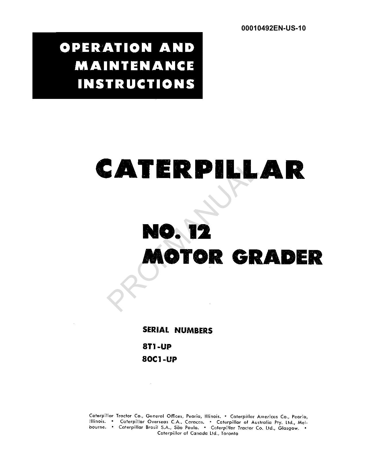 Manual de mantenimiento del operador de la motoniveladora Caterpillar 12 (80C1 y posteriores) y 8T1 y posteriores