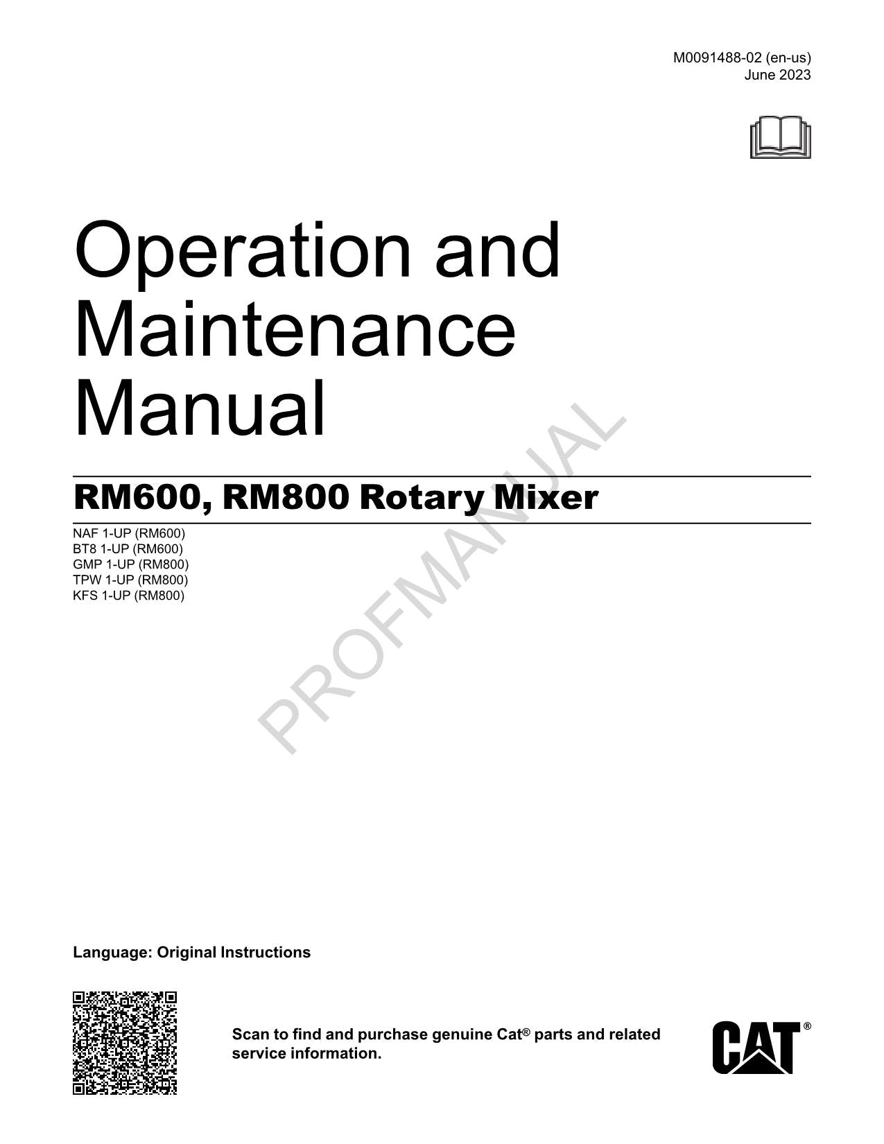 Caterpillar Cat RM600 RM800 Rotary Mixer Operators Maintenance Manual