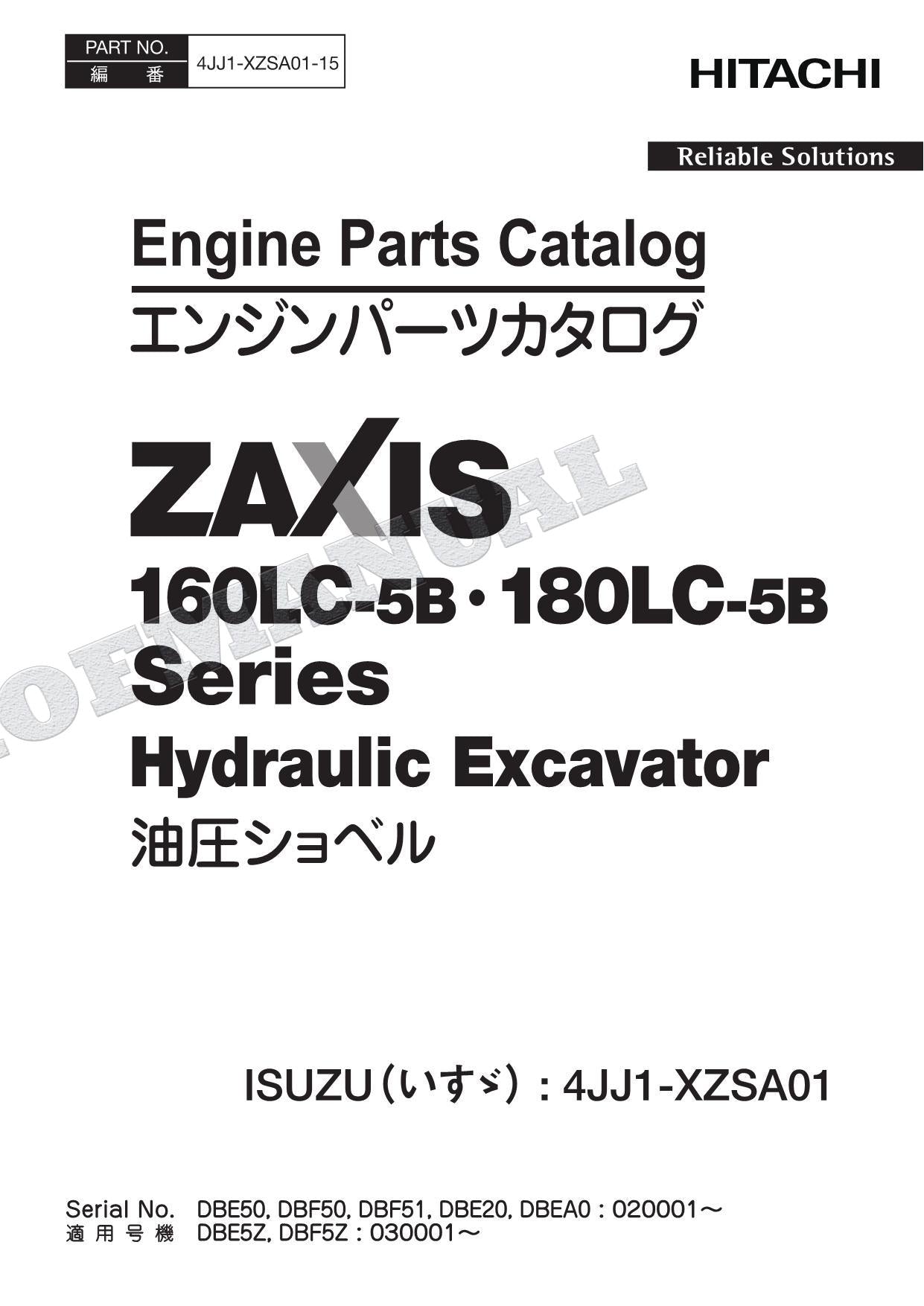 HITACHI ZX160LC-5B ZX180LC-5B Series ISUZU Engine Engine Parts Catalog Manual
