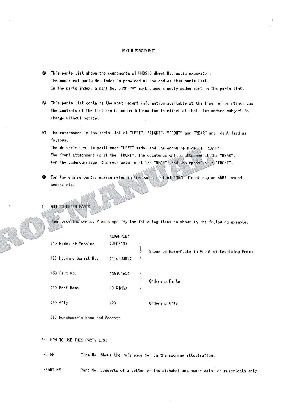 HITACHI WH051D Excavator Parts Catalog Manual SN 0001-