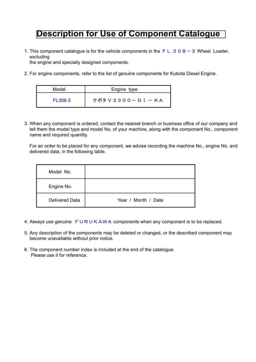Hitachi FL308-3 Wheel Loader Parts Catalog Manual SN 1001-up