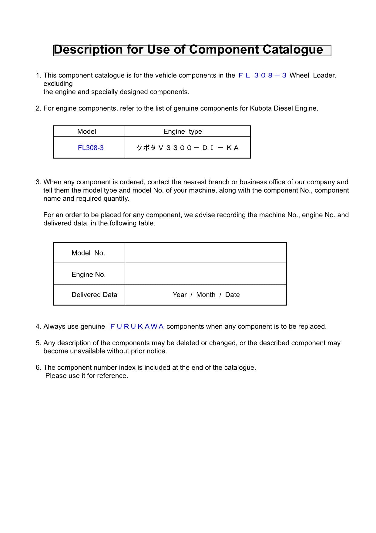 Hitachi FL308-3 Wheel Loader Parts Catalog Manual SN 1001-up