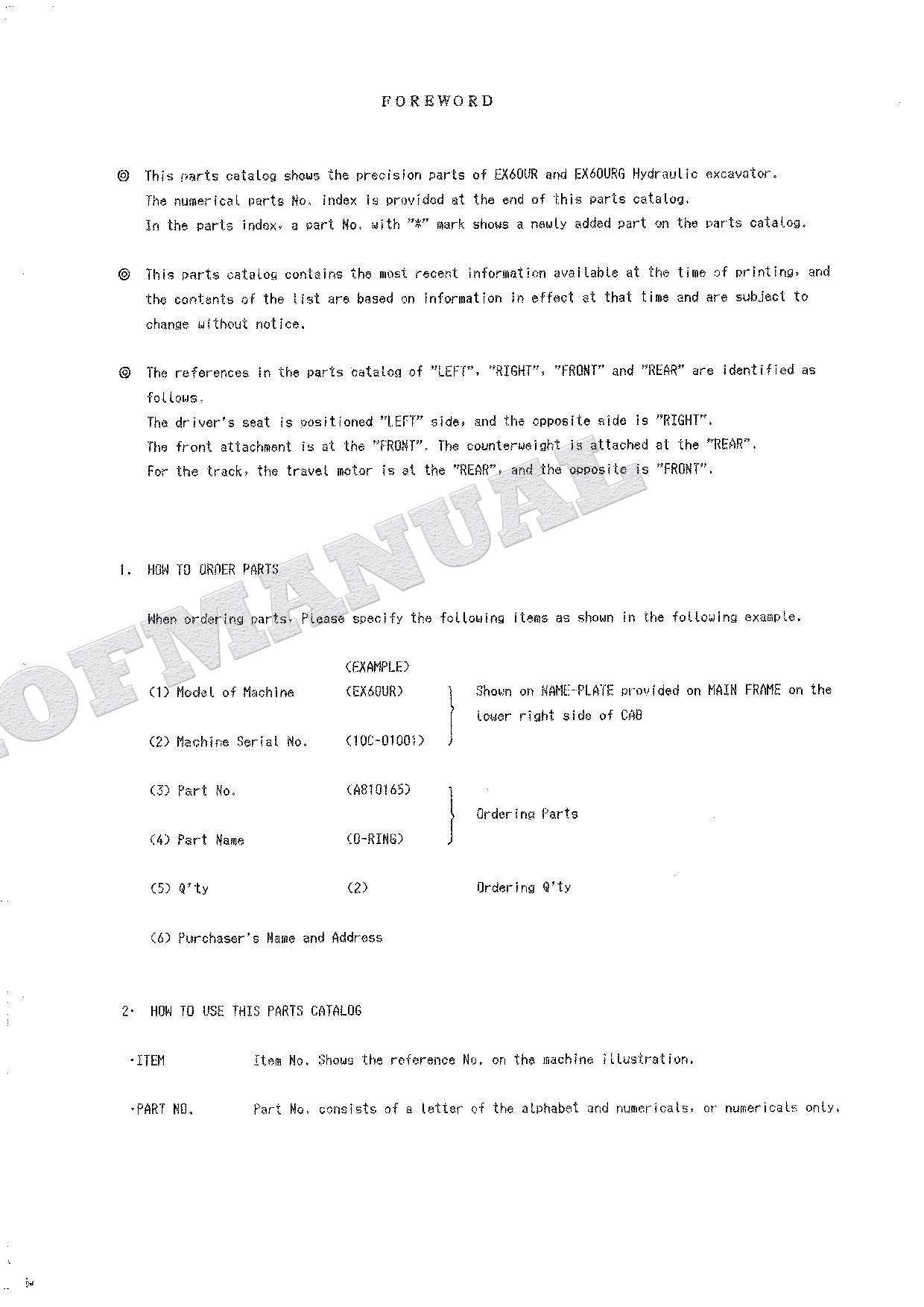 HITACHI EX60UR EX60URG Equipment Component Excavator Parts Catalog Manual