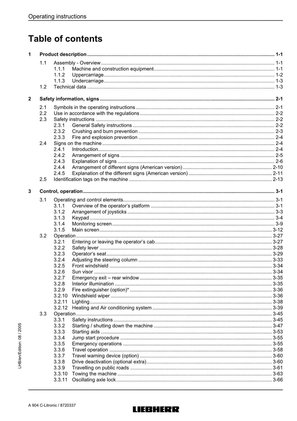 Liebherr A904 C-Litronic Excavator Operators manual serial 441