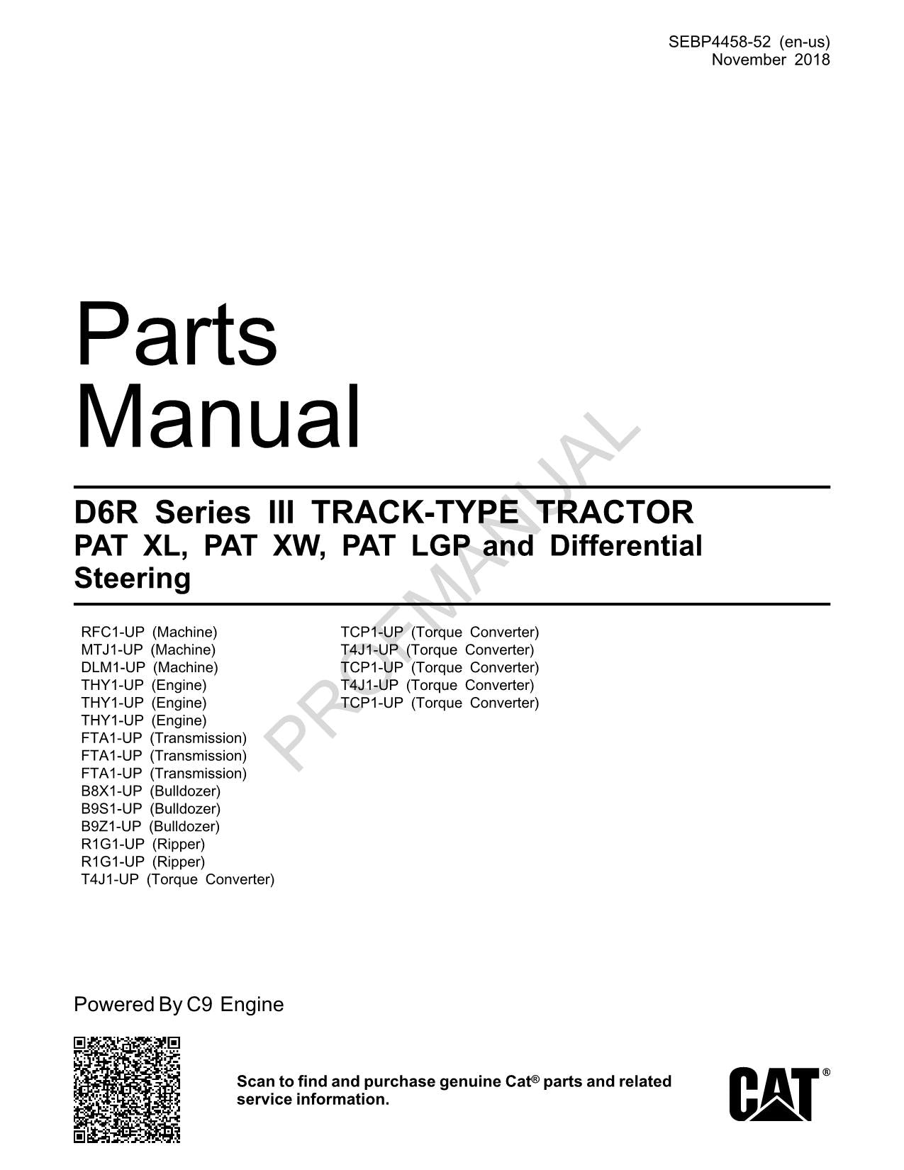 Caterpillar Cat D6R Series 3 Tractor PAT XL PATXW PAT LGP Parts Catalog Manual