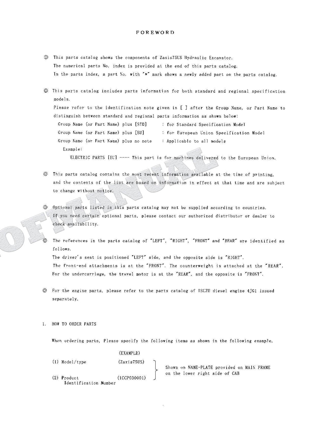 HITACHI ZAXIS ZX75US Excavator Parts Catalog Manual SN 030001-