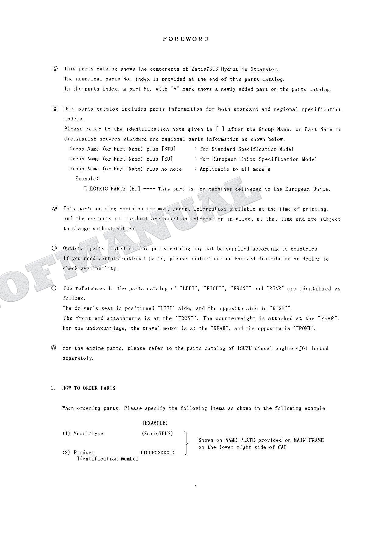 HITACHI ZAXIS ZX75US Excavator Parts Catalog Manual SN 030001-