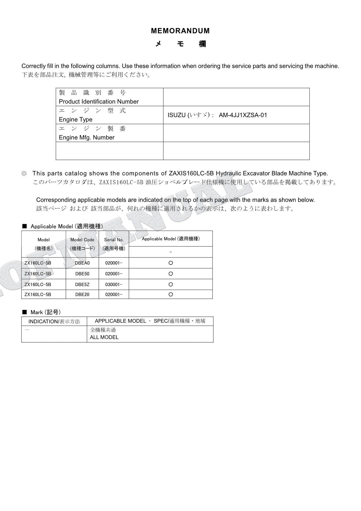 HITACHI ZAXIS ZX160LC-5B Blade Excavator Parts Catalog Manual SN 020001-