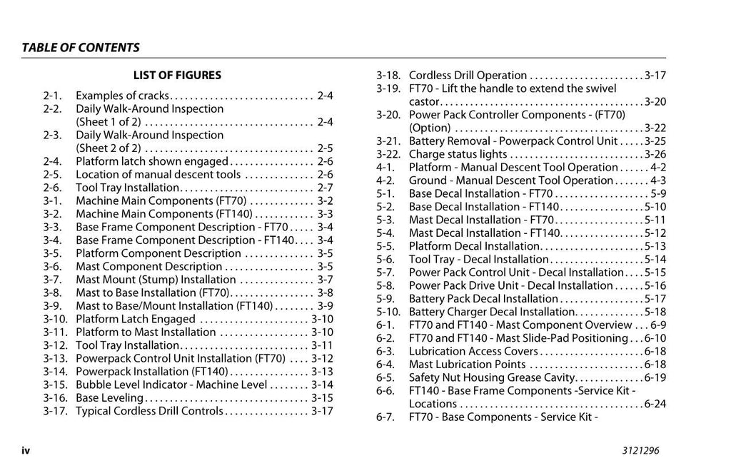 JLG FT140 FT70 Vertical Mast Operation Parts Service Manual