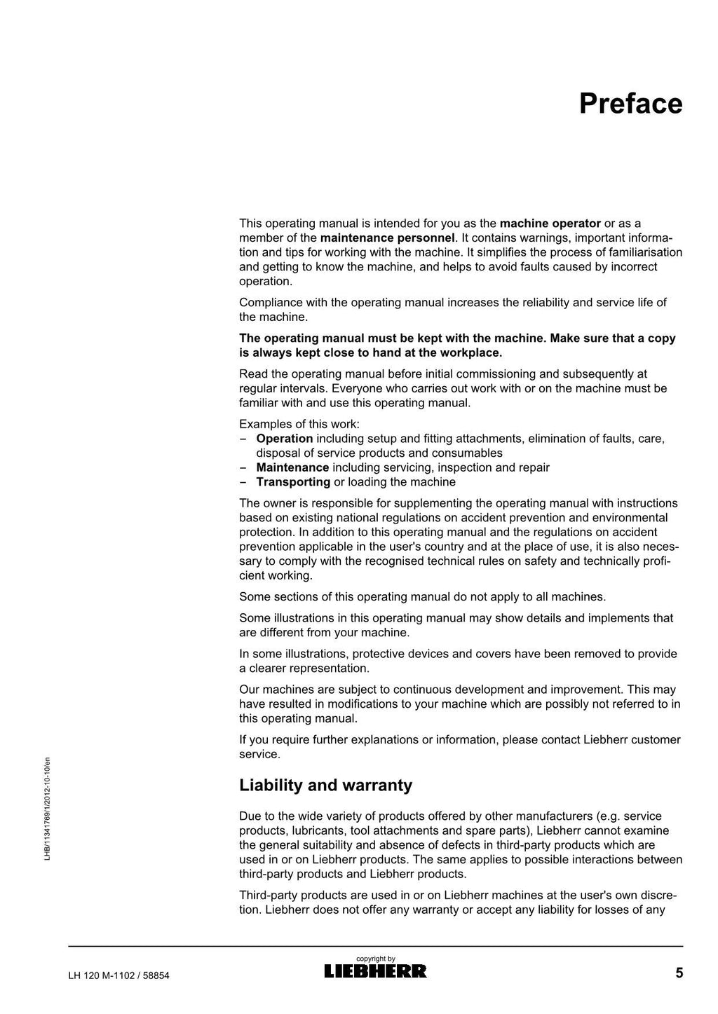 Liebherr LH120 M Excavator Operators manual