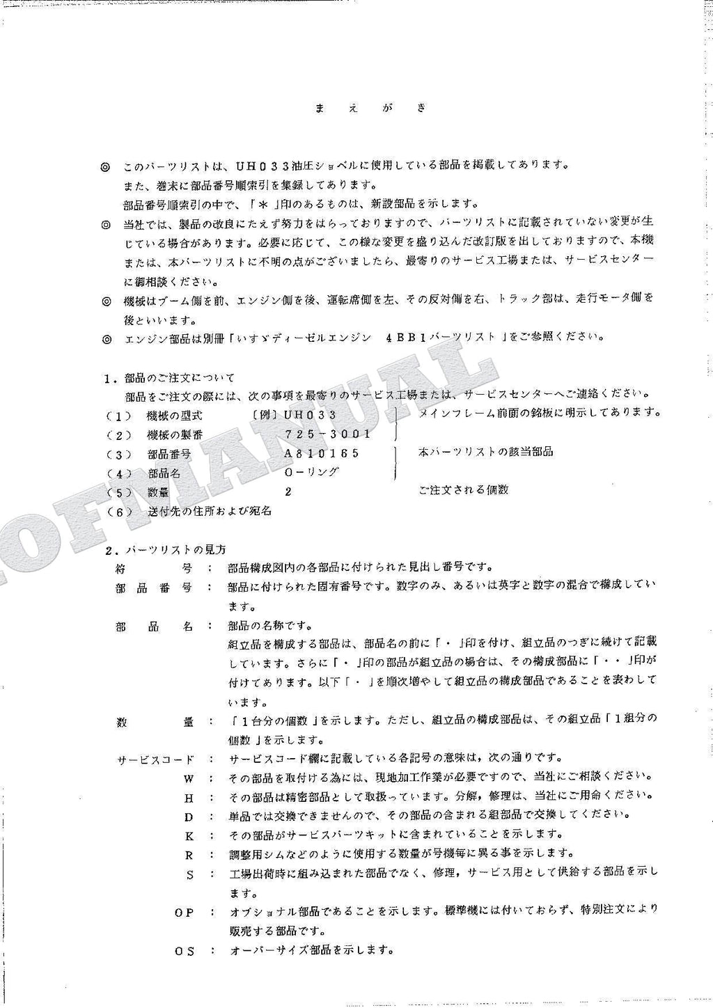 HITACHI UH033 Excavator Parts Catalog Manual SN 3001-