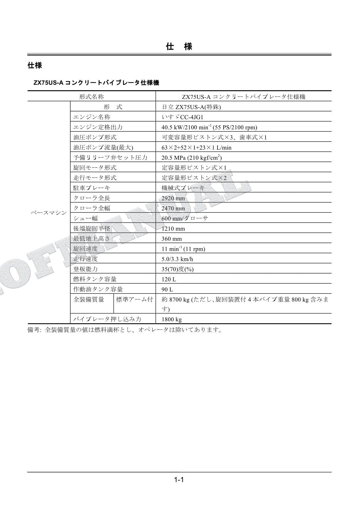 HITACHI ZAXIS ZX75US-A CONCRETE VIBRATOR Excavator Parts Catalog Manual