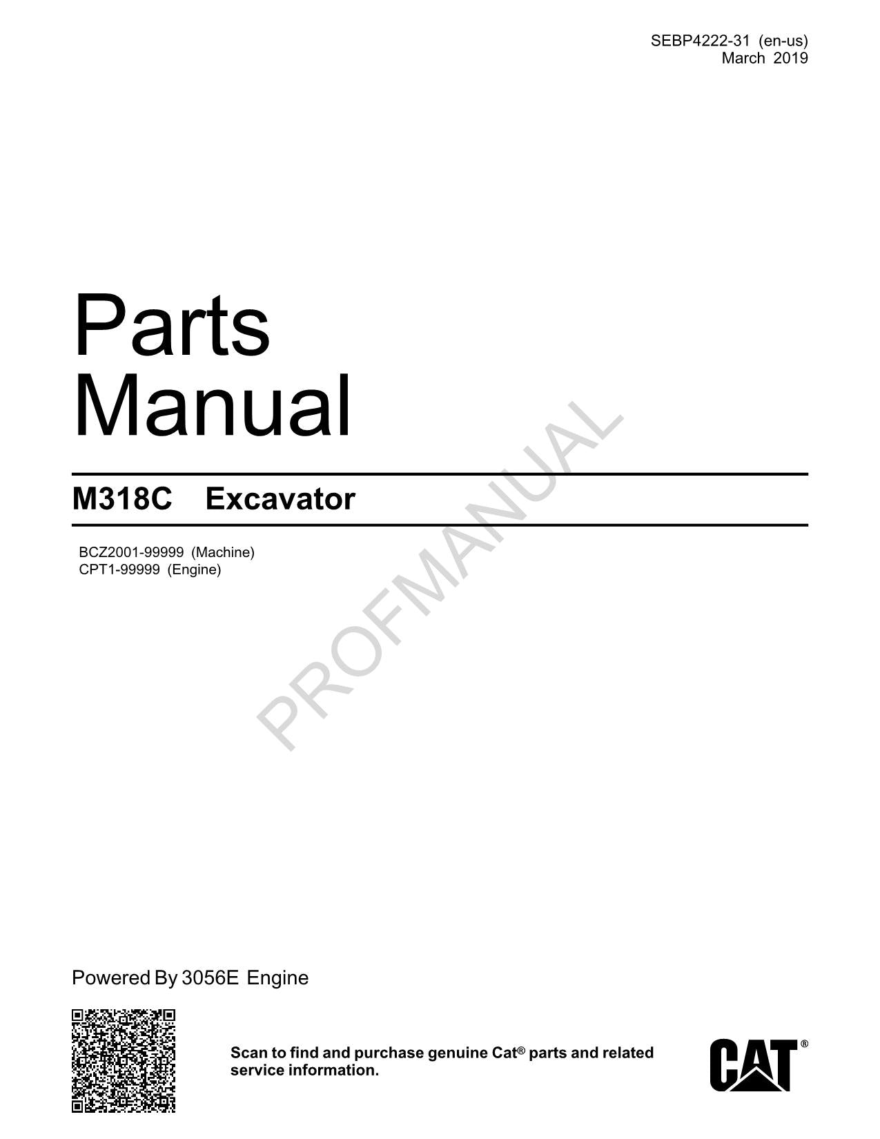 Caterpillar Cat M318C Excavator Parts Catalog Manual ser CPT1-UP BCZ2001-Up