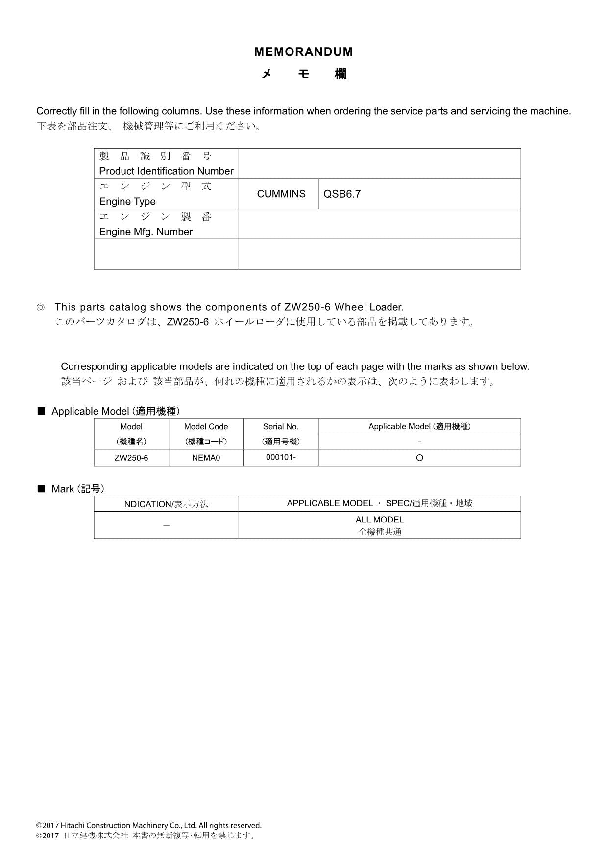 Hitachi ZW250-6 Wheel Loader Parts Catalog Manual SN 000101-up