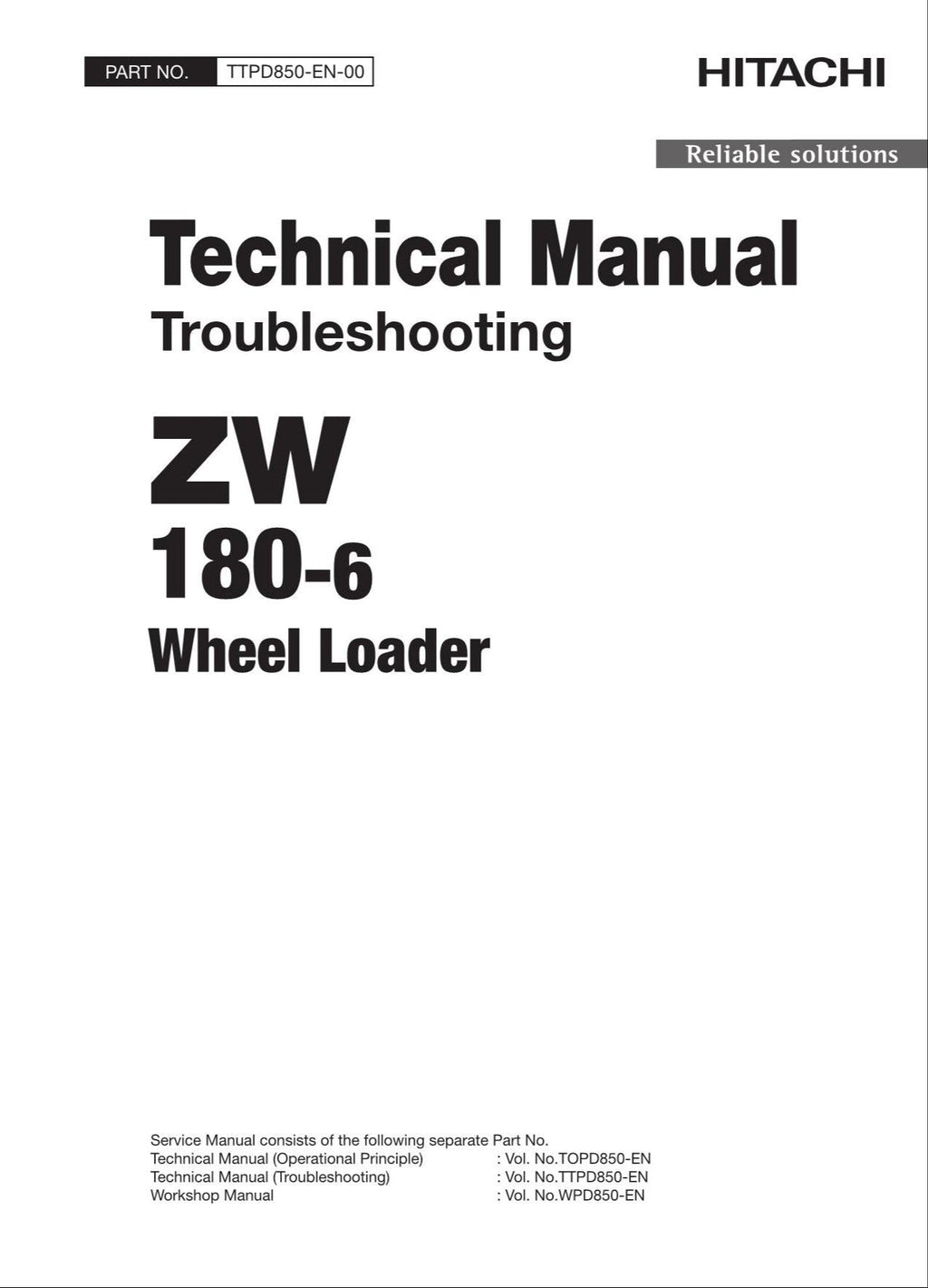 Hitachi ZW180-6 Wheel Loader Technical Manual Troubleshooting +Schematics