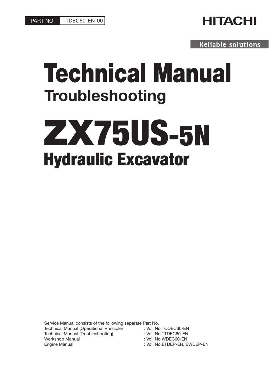 HITACHI ZAXIS ZX75US-5N Excavator Troubleshooting +Schematic Technical Manual